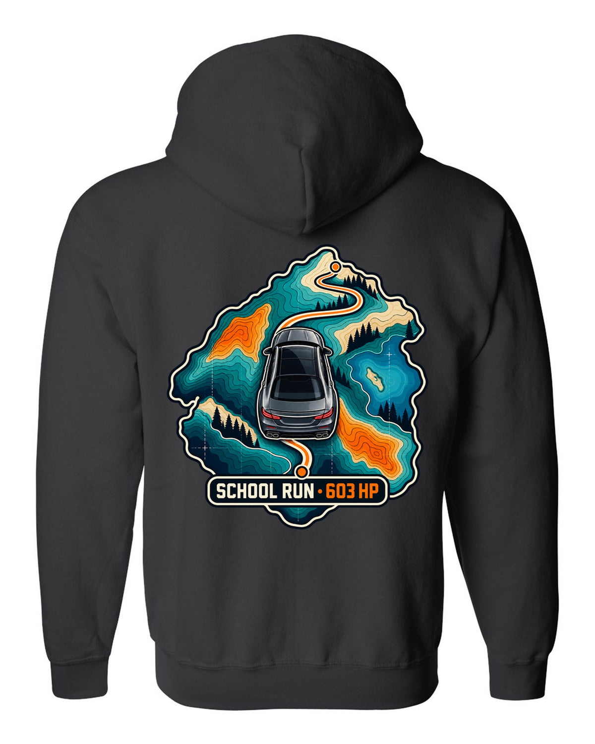 Topographic route map graphic reading School Run 603 HP for a Mercedes E63 W213, print black zip hoodie back view with the design