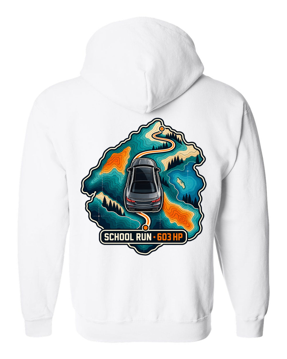 Topographic route map graphic reading School Run 603 HP for a Mercedes E63 W213, print white zip hoodie back view with the design