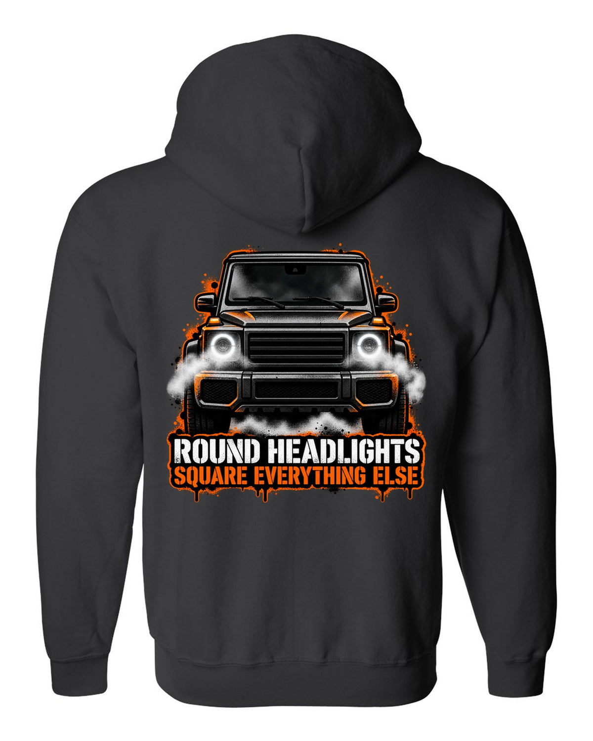 Sticker-bomb collage graphic with the word Clunk for a Mercedes G-Class W463, print black zip hoodie back view with the design