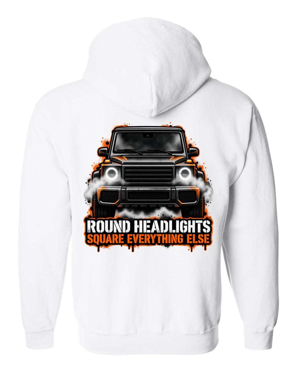 Sticker-bomb collage graphic with the word Clunk for a Mercedes G-Class W463, print white zip hoodie back view with the design