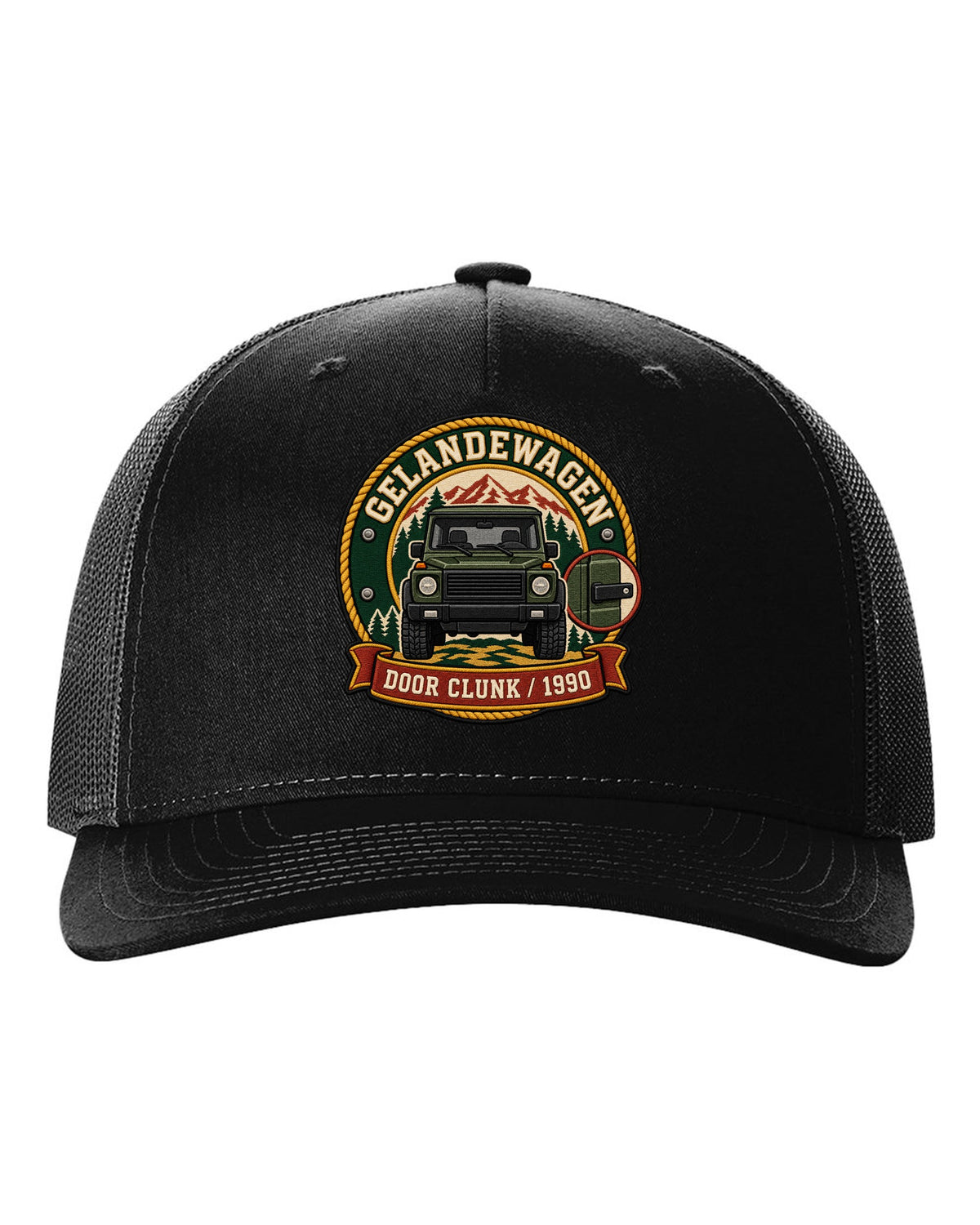 Embroidery-style shield crest graphic reading Door Clunk 1990 for a Mercedes G-Class W463, print black hat front view with the design