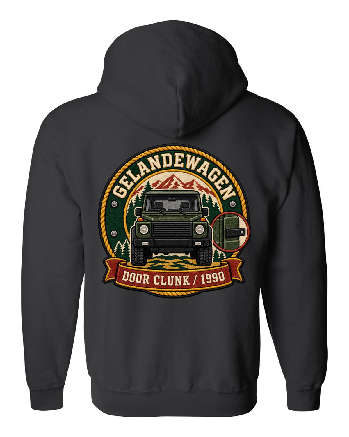 Embroidery-style shield crest graphic reading Door Clunk 1990 for a Mercedes G-Class W463, print black zip hoodie back view with the design
