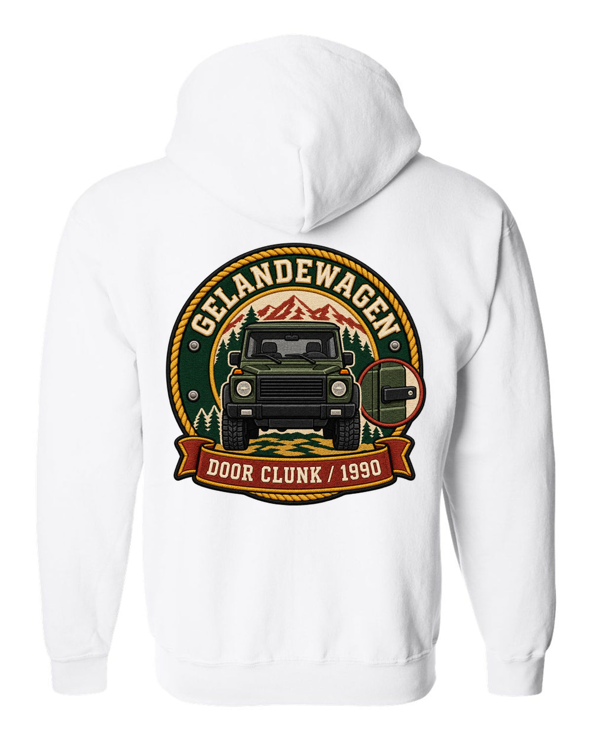 Embroidery-style shield crest graphic reading Door Clunk 1990 for a Mercedes G-Class W463, print white zip hoodie back view with the design