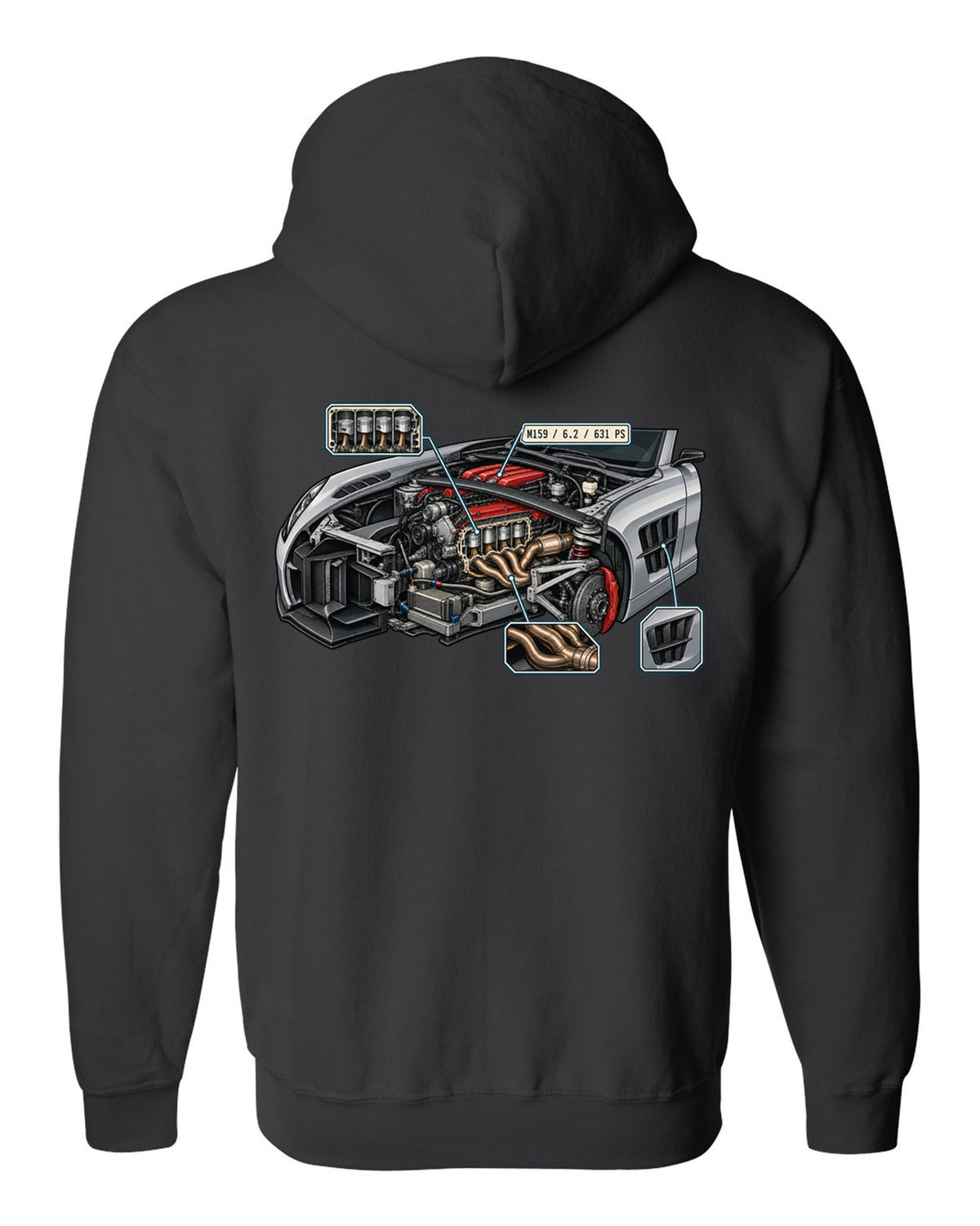 Technical blueprint line art of a Mercedes G-Class W463 with 2,850 mm note, print black zip hoodie back view with the design