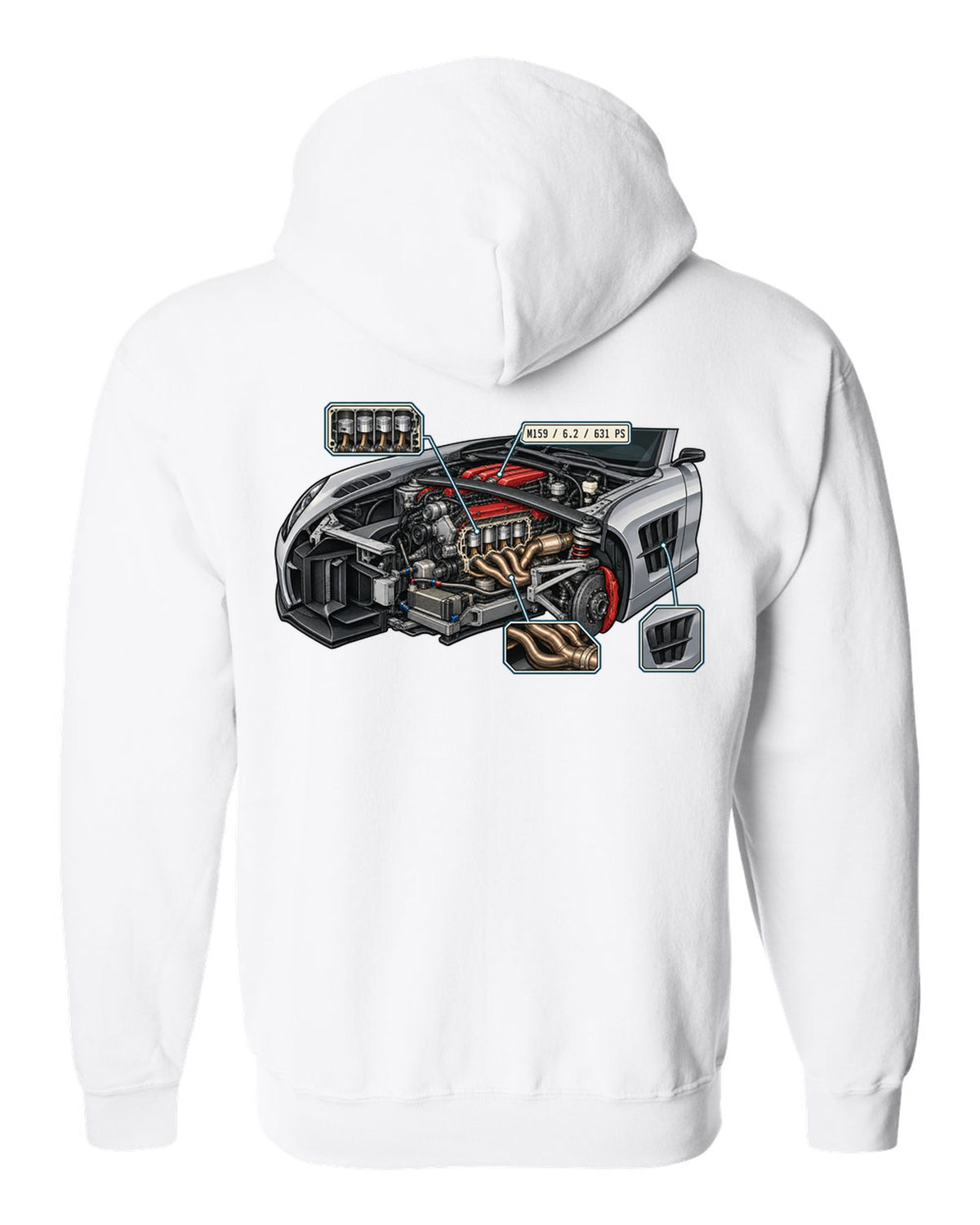 Technical blueprint line art of a Mercedes G-Class W463 with 2,850 mm note, print white zip hoodie back view with the design