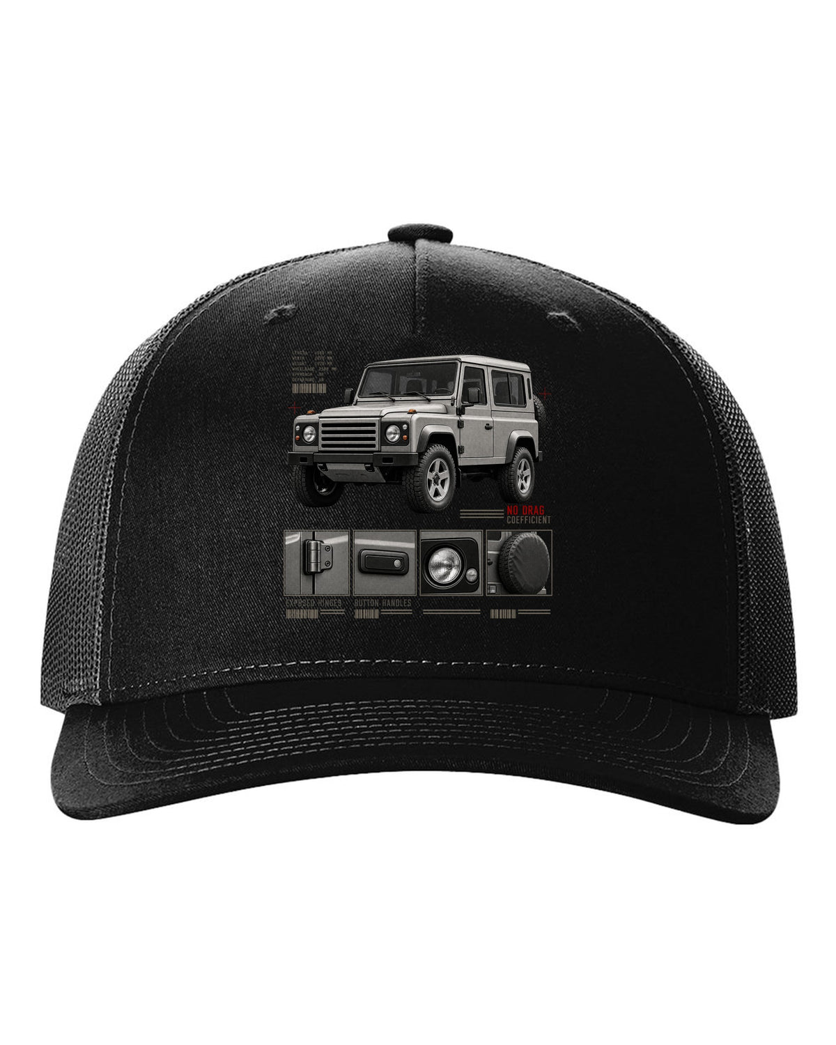Dossier panel print of a Mercedes G-Class W463 listing exposed hinges and button handles black hat front view with the design
