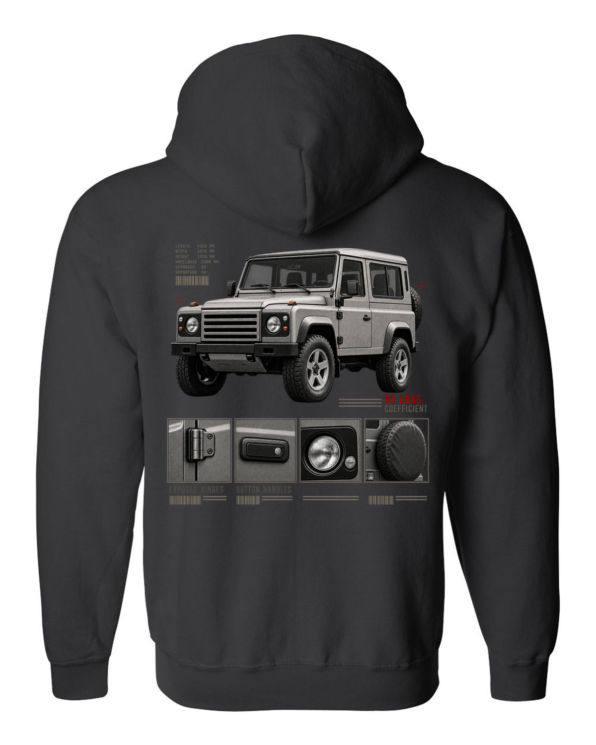 Dossier panel print of a Mercedes G-Class W463 listing exposed hinges and button handles black zip hoodie back view with the design