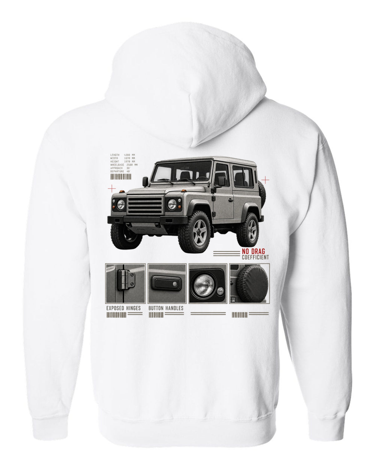 Dossier panel print of a Mercedes G-Class W463 listing exposed hinges and button handles white zip hoodie back view with the design
