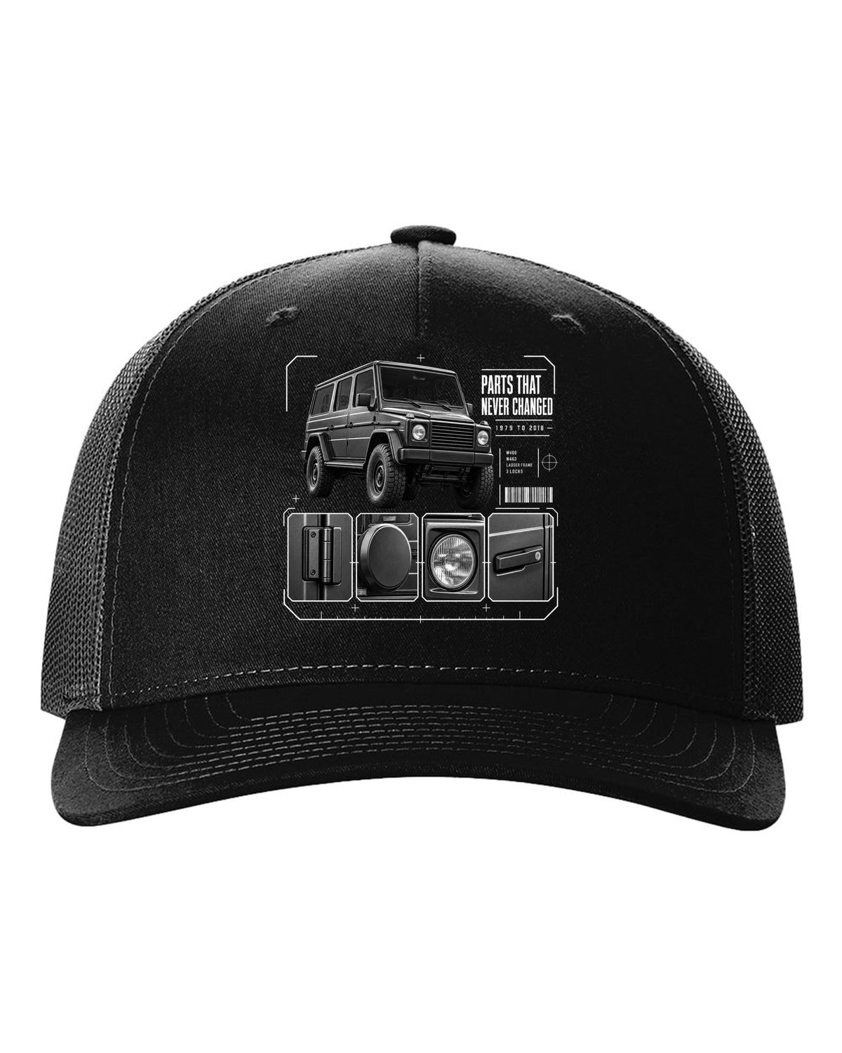Three-panel dossier print of a Mercedes G-Class W463 with Parts T Never Changed lettering black hat front view with the design