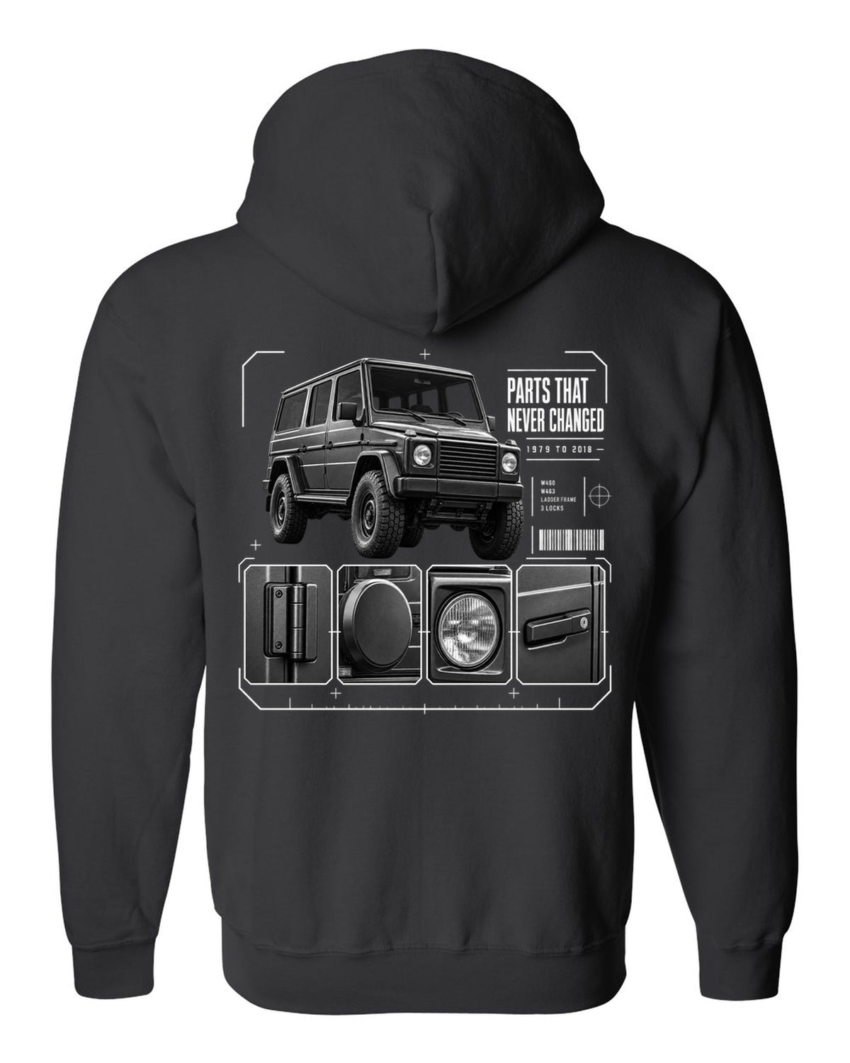 Three-panel dossier print of a Mercedes G-Class W463 with Parts T Never Changed lettering black zip hoodie back view with the design