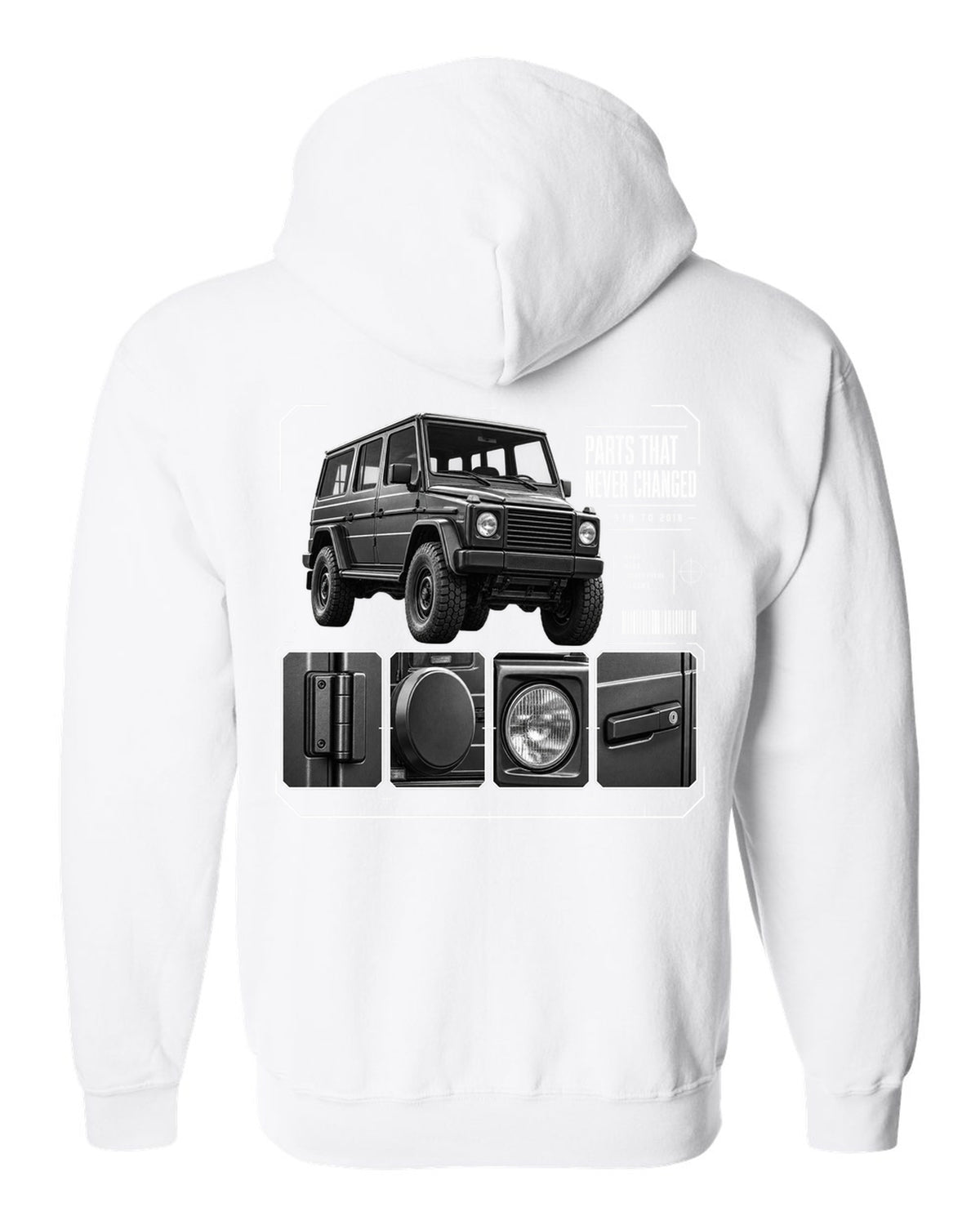 Three-panel dossier print of a Mercedes G-Class W463 with Parts T Never Changed lettering white zip hoodie back view with the design