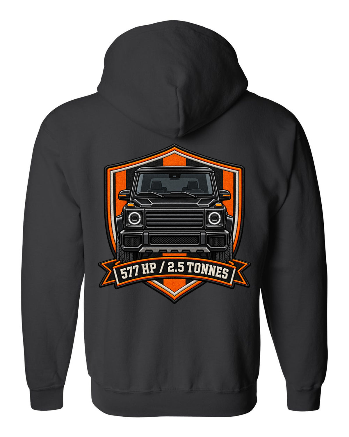 Ukiyo-e woodblock wave graphic with a boxy Mercedes G-Class W463, print black zip hoodie back view with the design