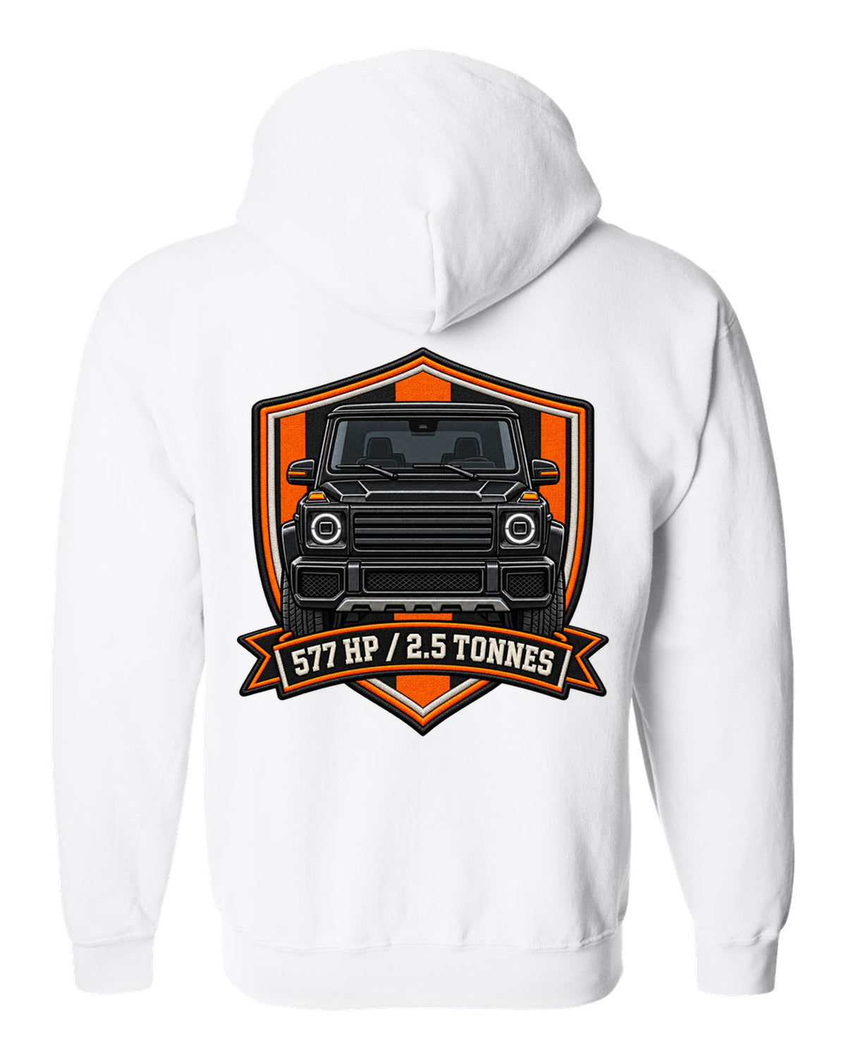Ukiyo-e woodblock wave graphic with a boxy Mercedes G-Class W463, print white zip hoodie back view with the design