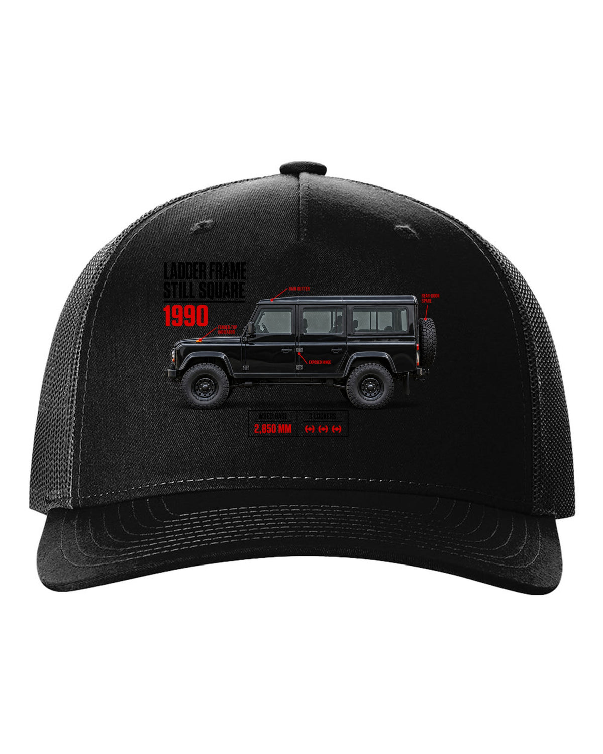 print spec poster of a Mercedes G-Class W463 with text ladder frame, 1990, still square black hat front view with the design