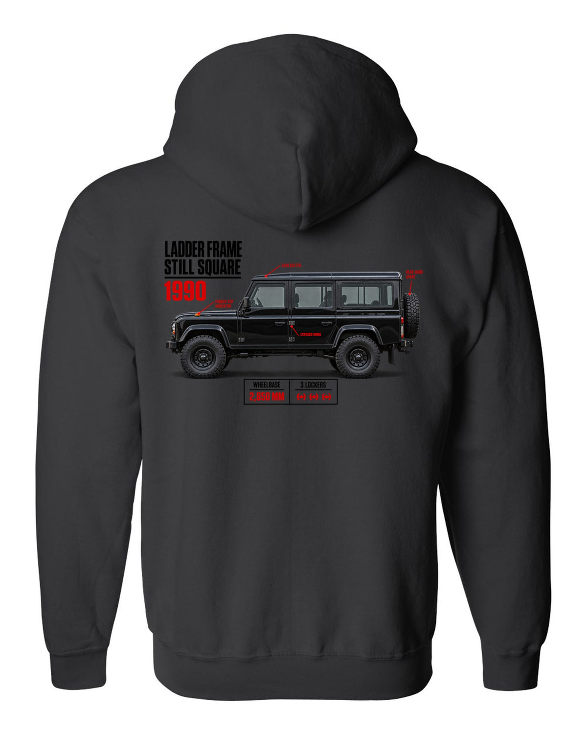 print spec poster of a Mercedes G-Class W463 with text ladder frame, 1990, still square black zip hoodie back view with the design