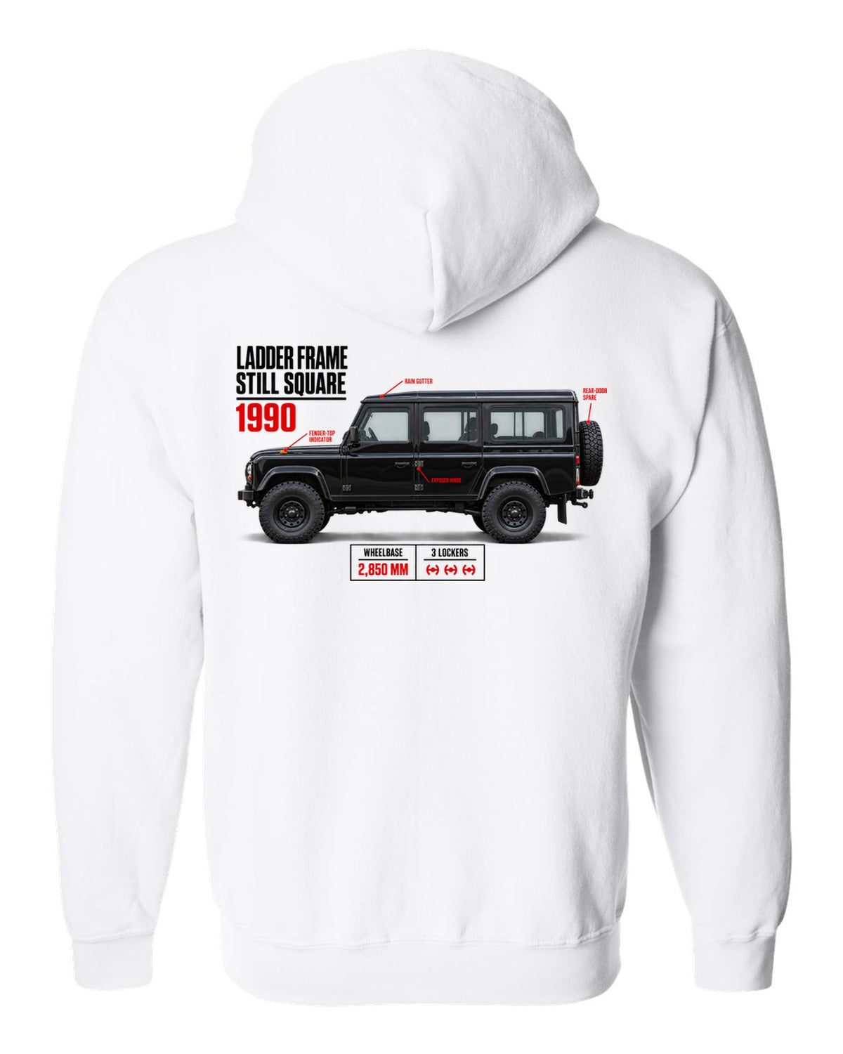 print spec poster of a Mercedes G-Class W463 with text ladder frame, 1990, still square white zip hoodie back view with the design