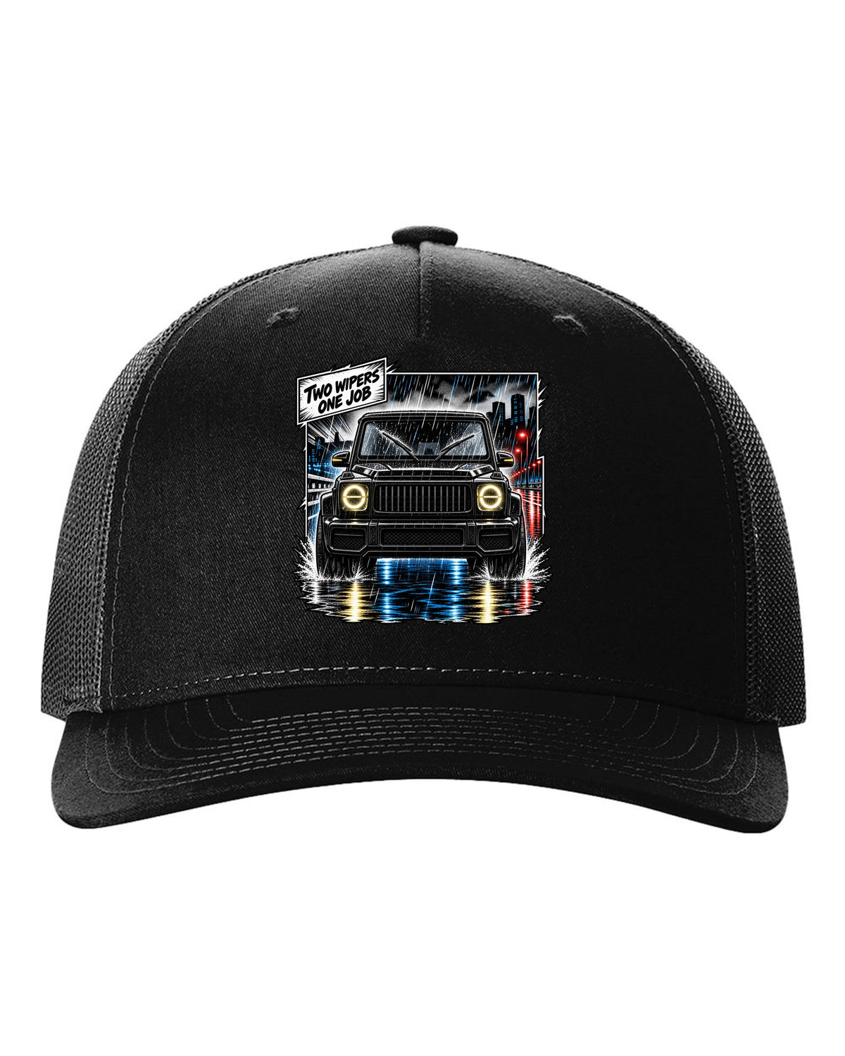 Round enamel-pin style crest graphic reading W463 3 Lockers 4x4 for the Mercedes G-Class, print black hat front view with the design