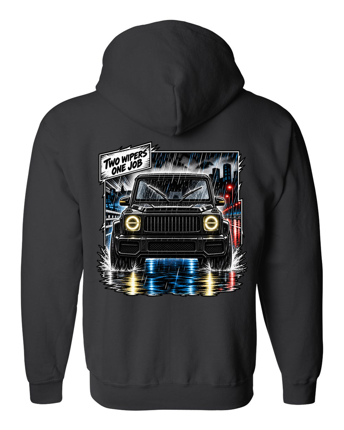 Round enamel-pin style crest graphic reading W463 3 Lockers 4x4 for the Mercedes G-Class, print black zip hoodie back view with the design