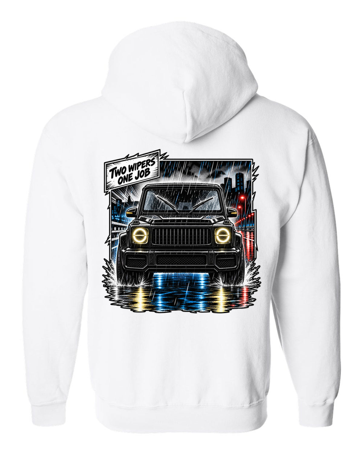 Round enamel-pin style crest graphic reading W463 3 Lockers 4x4 for the Mercedes G-Class, print white zip hoodie back view with the design