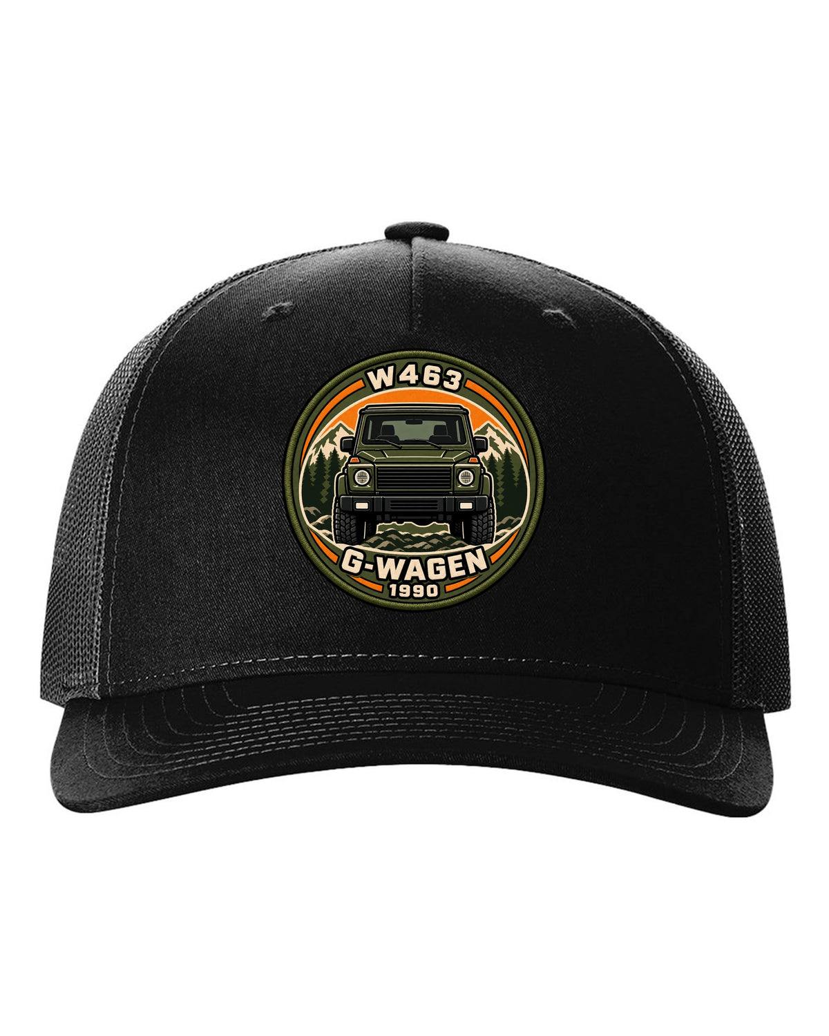 Varsity crest graphic reading W463 G-Wagen 1990 for the Mercedes G-Class, print black hat front view with the design