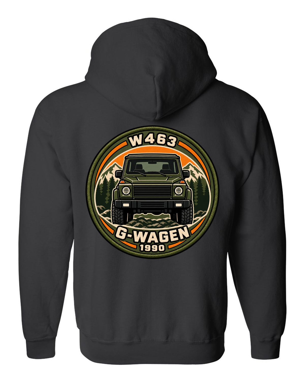 Varsity crest graphic reading W463 G-Wagen 1990 for the Mercedes G-Class, print black zip hoodie back view with the design