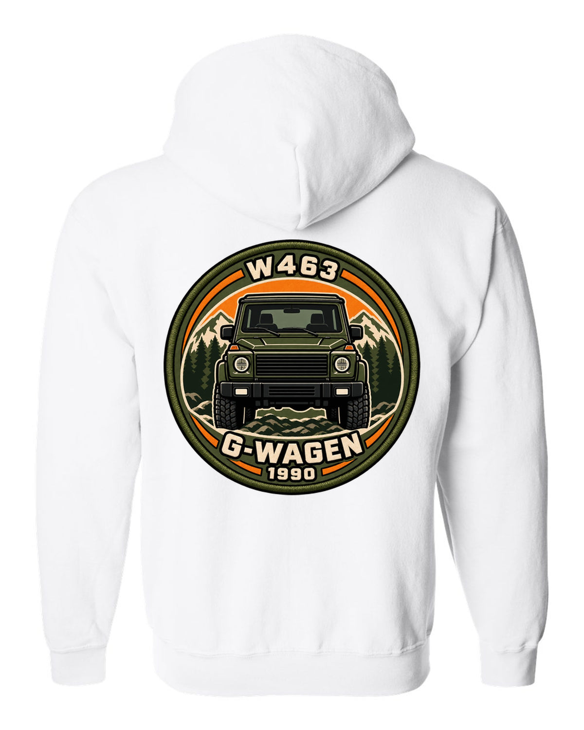 Varsity crest graphic reading W463 G-Wagen 1990 for the Mercedes G-Class, print white zip hoodie back view with the design