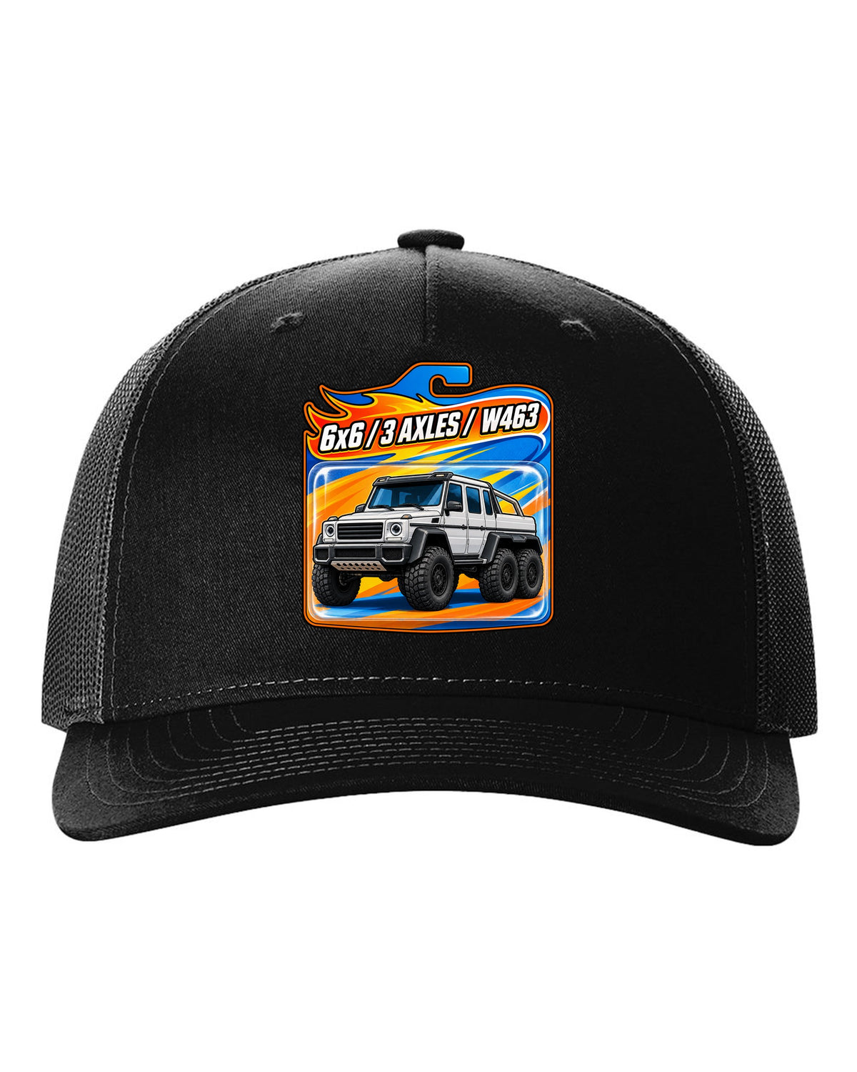 Toy blister card graphic of a Mercedes G63 6x6 W463 with three axles, print black hat front view with the design