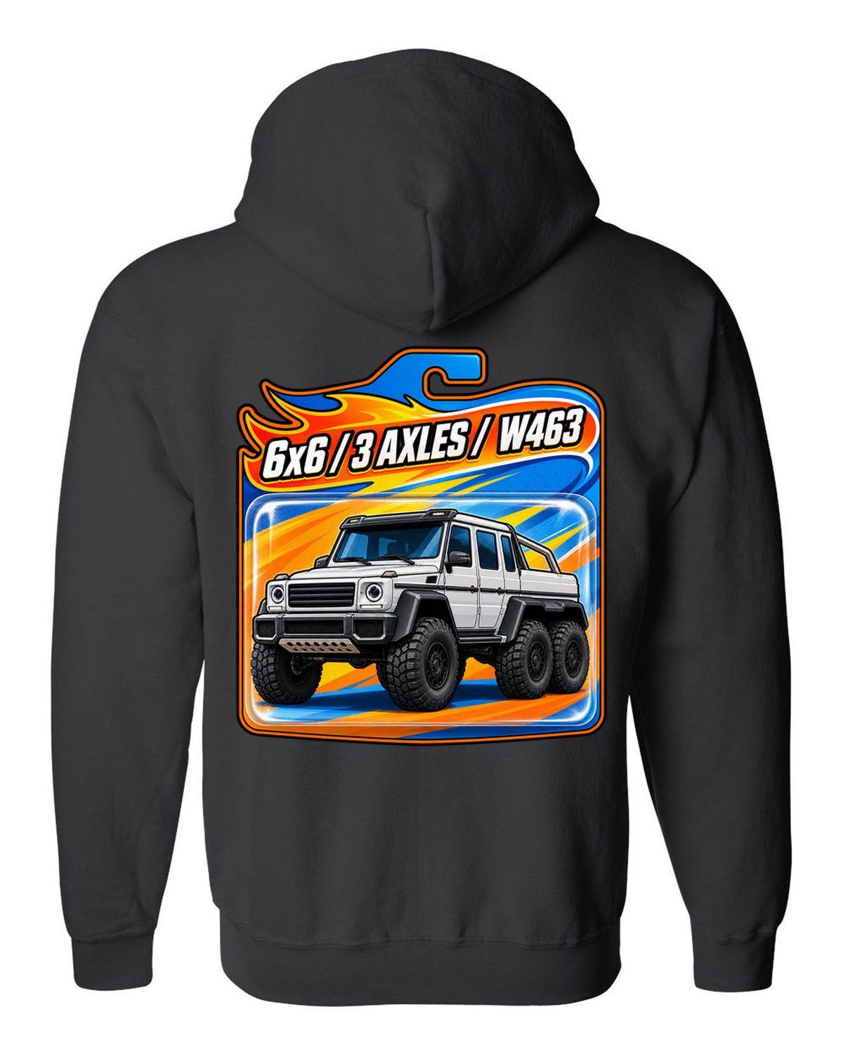 Toy blister card graphic of a Mercedes G63 6x6 W463 with three axles, print black zip hoodie back view with the design
