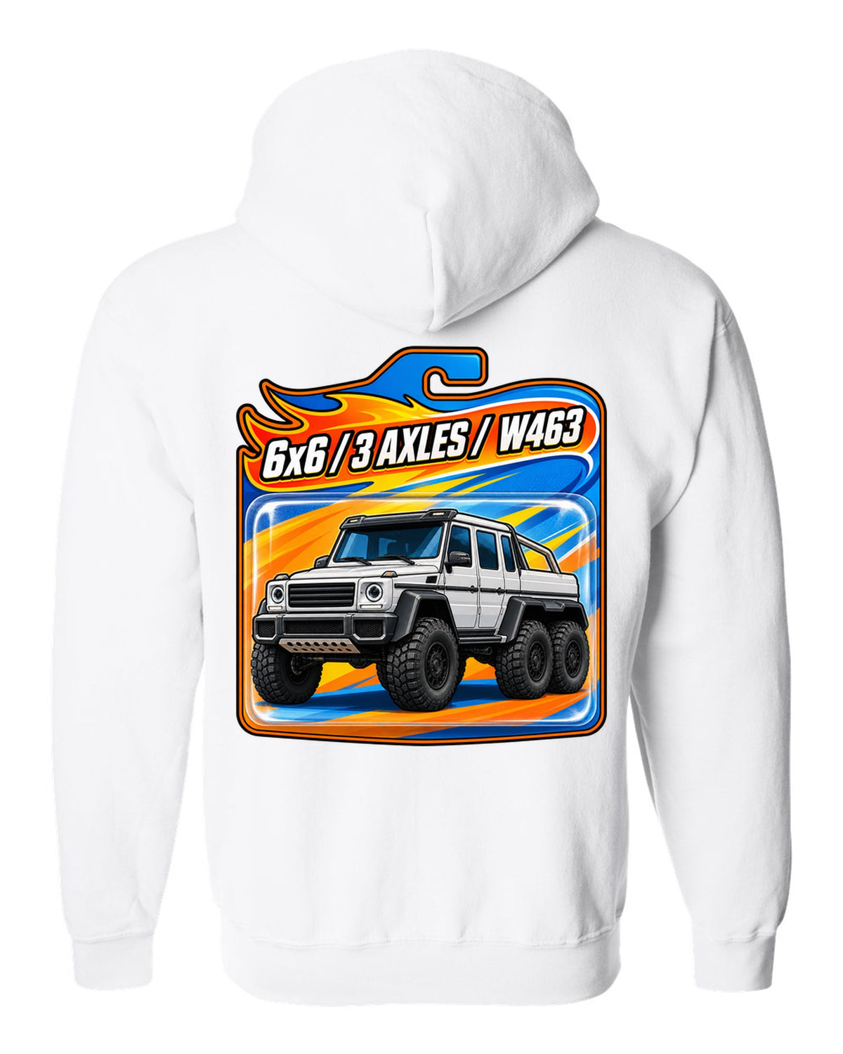 Toy blister card graphic of a Mercedes G63 6x6 W463 with three axles, print white zip hoodie back view with the design