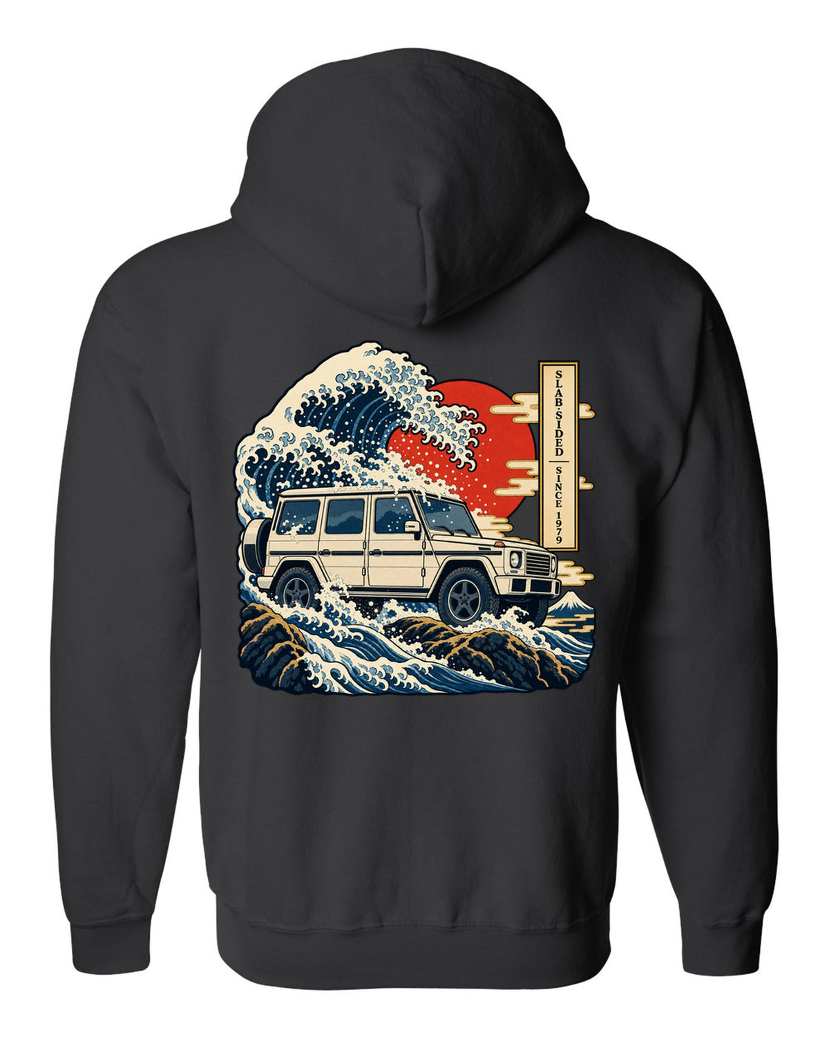 Bold crest graphic reading 577 HP and 2.5 Tonnes for the Mercedes G63 W464, print black zip hoodie back view with the design