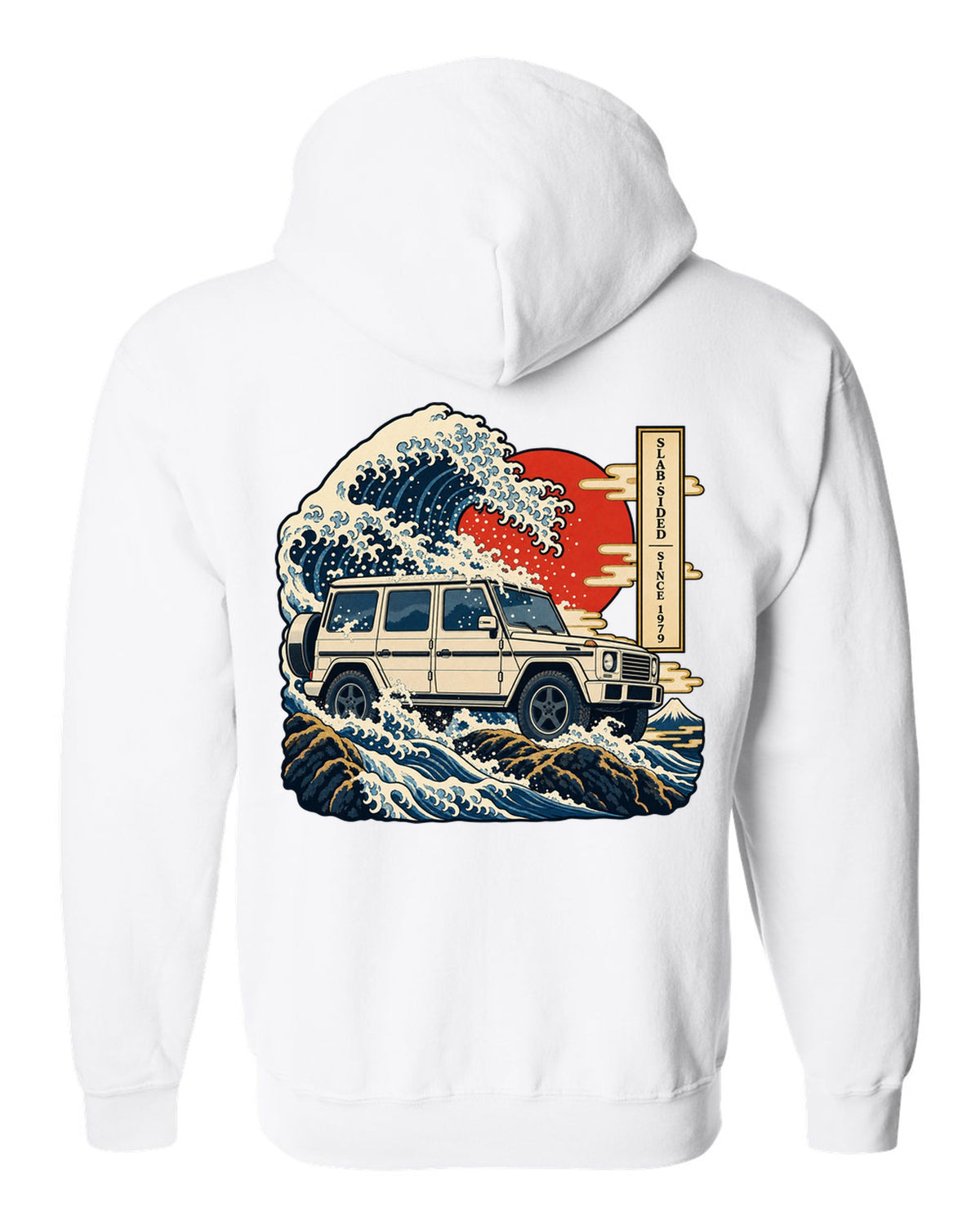 Bold crest graphic reading 577 HP and 2.5 Tonnes for the Mercedes G63 W464, print white zip hoodie back view with the design