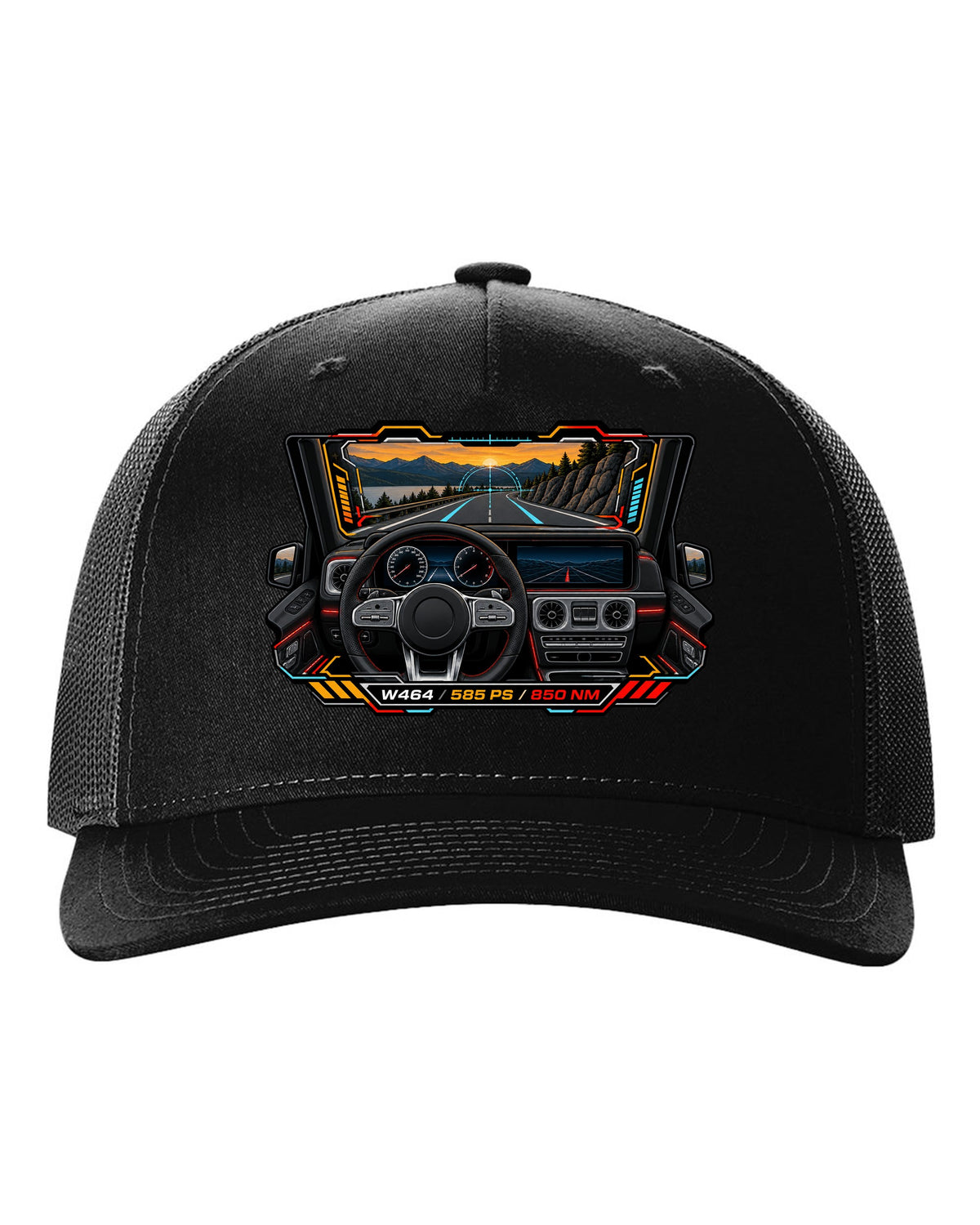 Gauge-cluster HUD graphic reading W464 585 PS 850 NM for the Mercedes G63, print black hat front view with the design