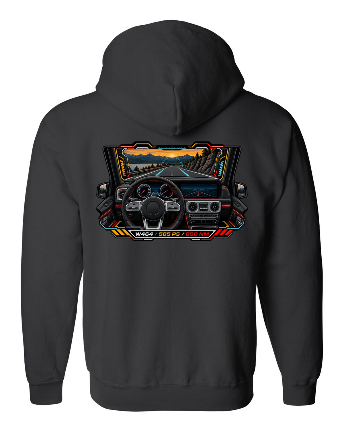 Gauge-cluster HUD graphic reading W464 585 PS 850 NM for the Mercedes G63, print black zip hoodie back view with the design