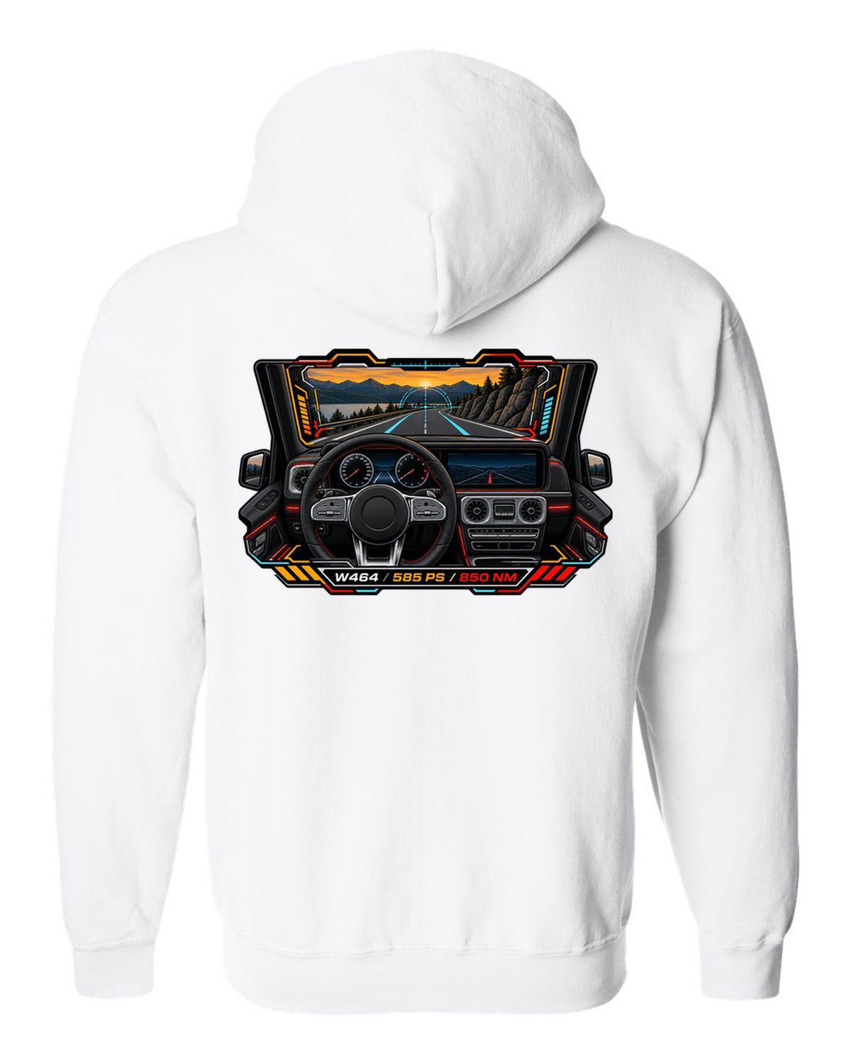 Gauge-cluster HUD graphic reading W464 585 PS 850 NM for the Mercedes G63, print white zip hoodie back view with the design