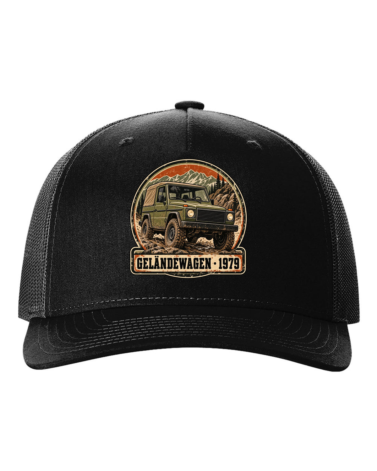 Flat minimal vector graphic of keys on a dish reading 12 MPG Worth It for a Mercedes G63 W464, print black hat front view with the design