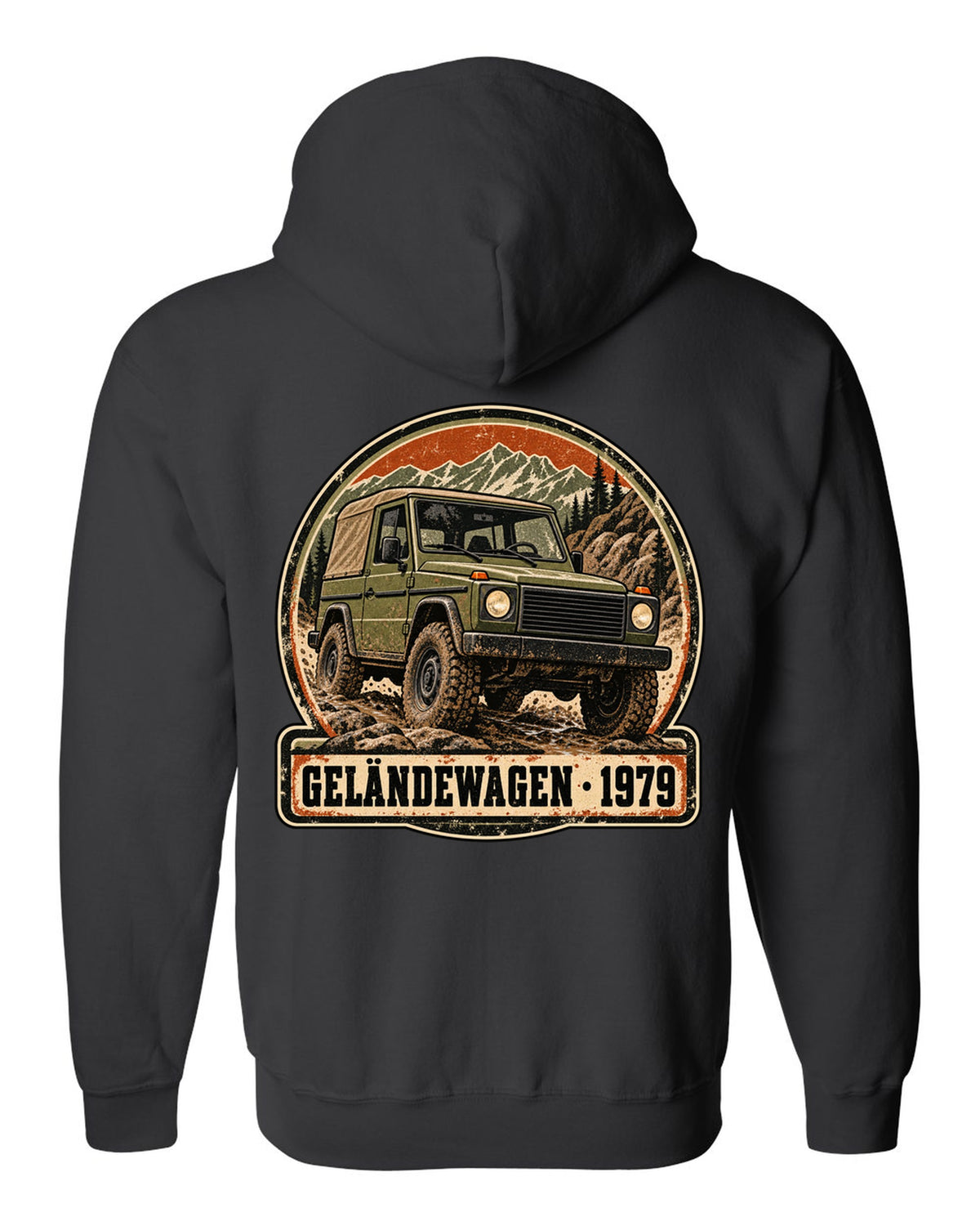 Flat minimal vector graphic of keys on a dish reading 12 MPG Worth It for a Mercedes G63 W464, print black zip hoodie back view with the design