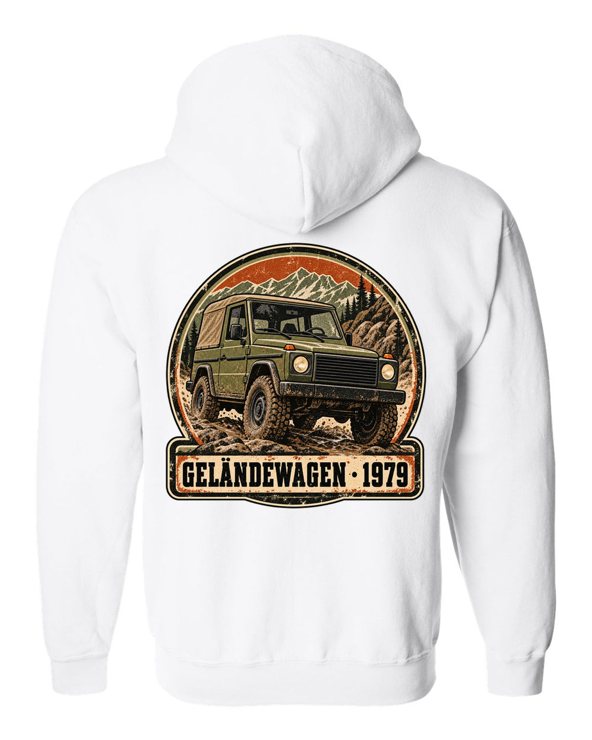 Flat minimal vector graphic of keys on a dish reading 12 MPG Worth It for a Mercedes G63 W464, print white zip hoodie back view with the design