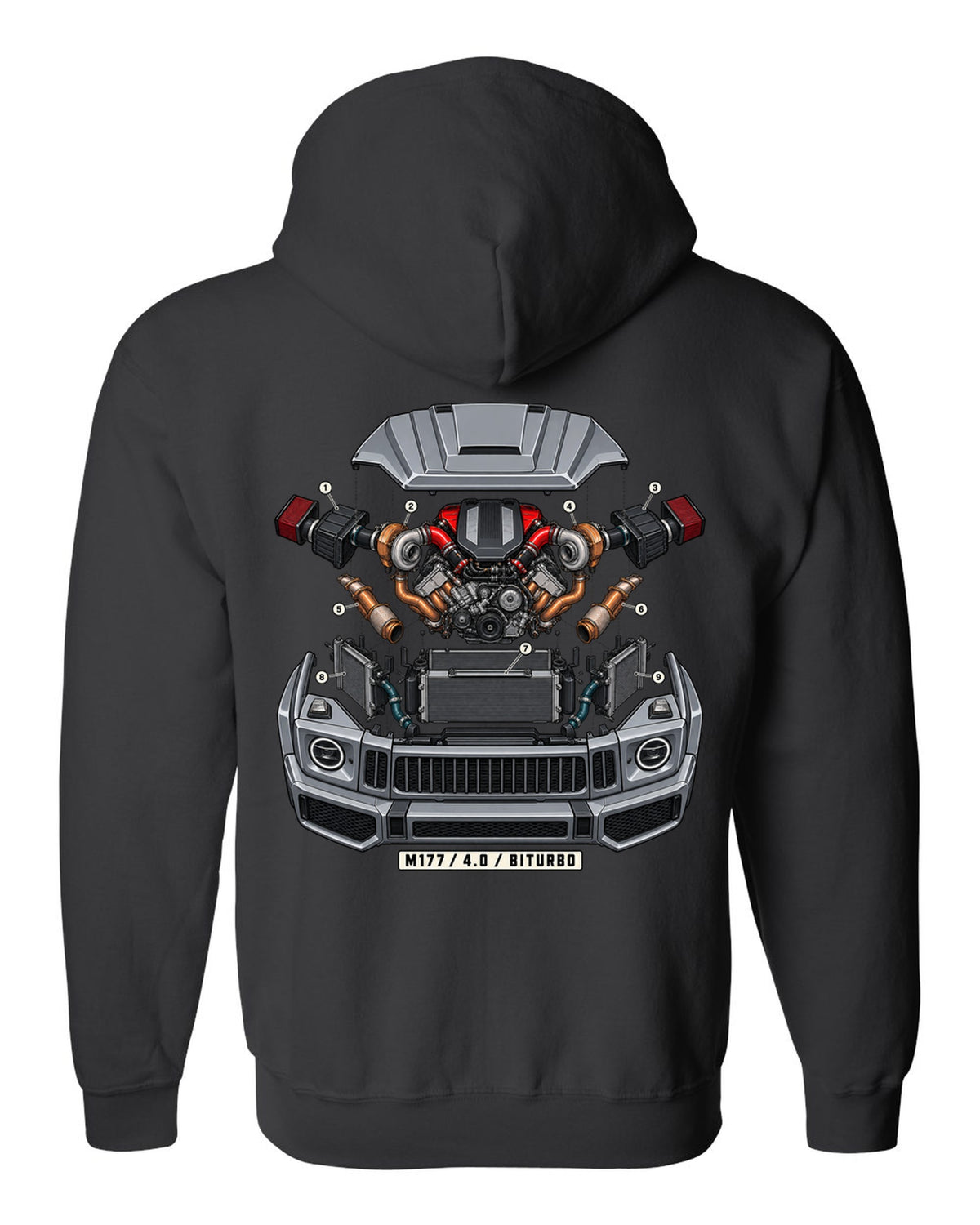 Isometric exploded engine cutaway graphic reading M177 4.0 Biturbo for the Mercedes G63 W464, print black zip hoodie back view with the design