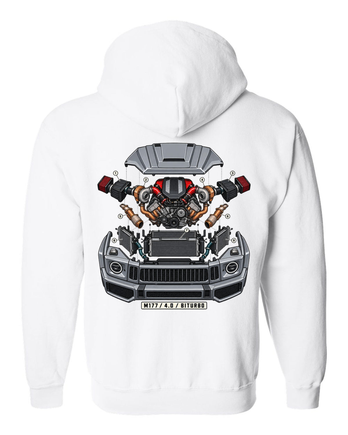 Isometric exploded engine cutaway graphic reading M177 4.0 Biturbo for the Mercedes G63 W464, print white zip hoodie back view with the design