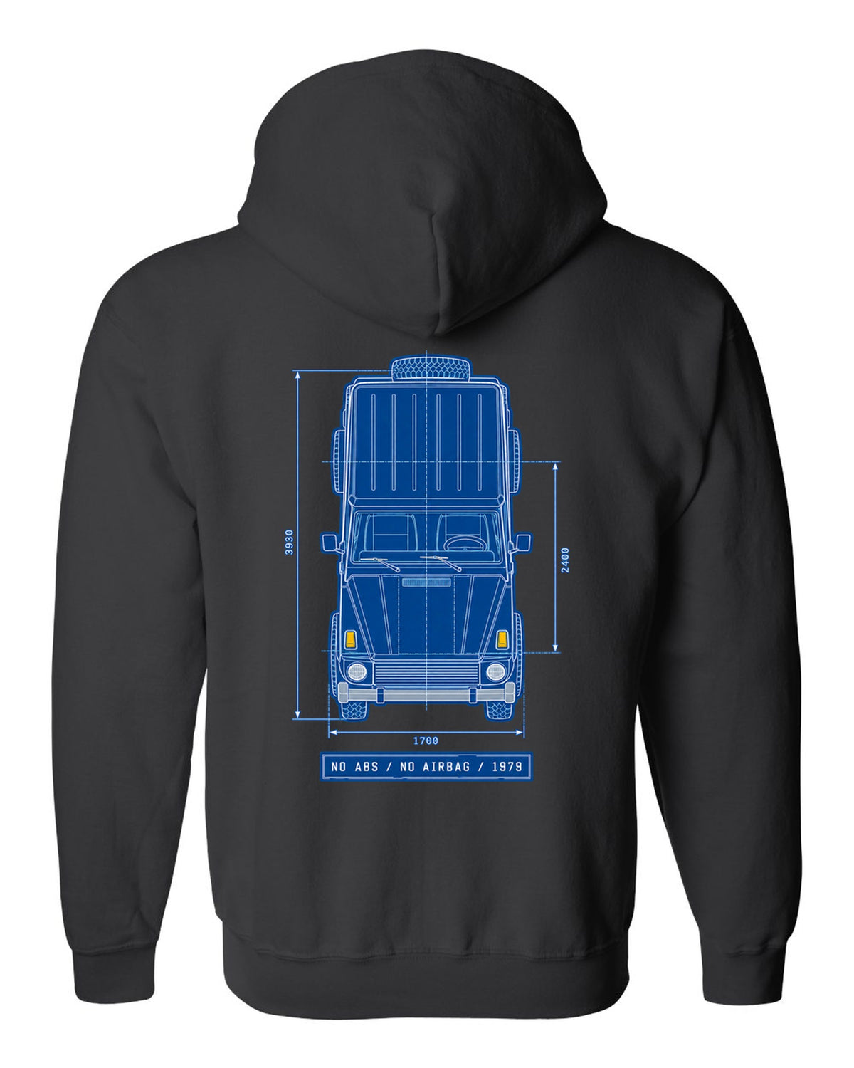 Neon synthwave taillights graphic of a Mercedes G63 W464 with exhaust exits text, print black zip hoodie back view with the design