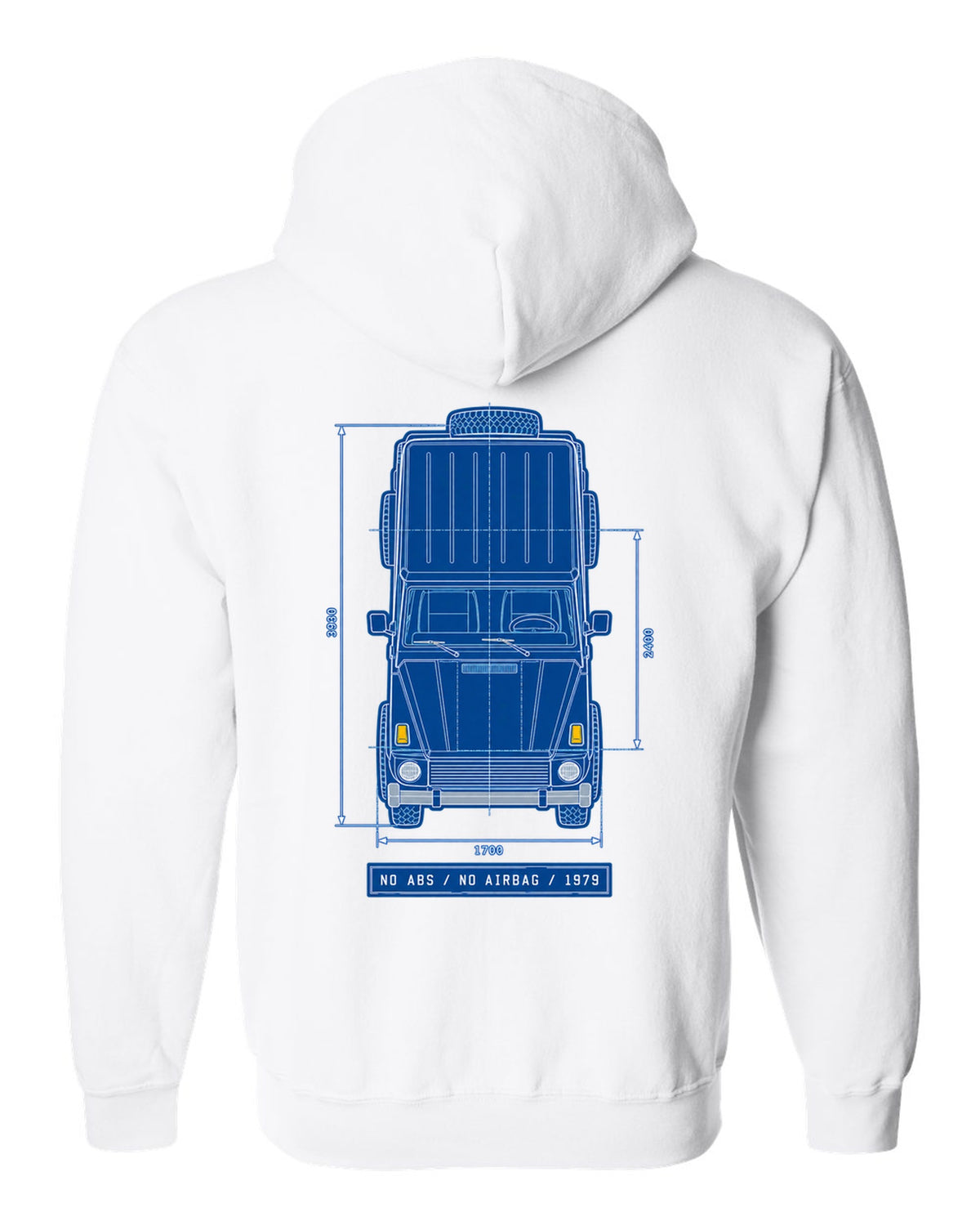 Neon synthwave taillights graphic of a Mercedes G63 W464 with exhaust exits text, print white zip hoodie back view with the design