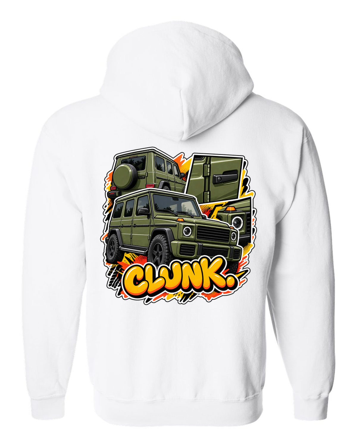Stencil spray street art graphic of a Mercedes G63 W464 with round headlights, print white zip hoodie back view with the design