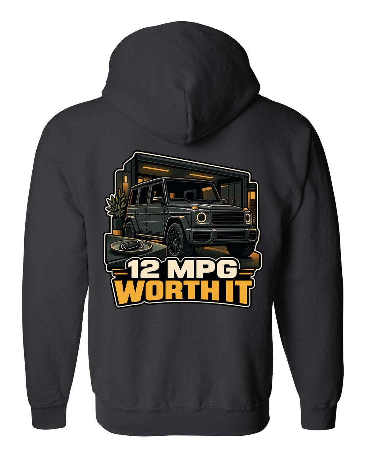 Army surplus stamp graphic reading Gelandewagen 1979 for the Mercedes G-Class W460, print black zip hoodie back view with the design