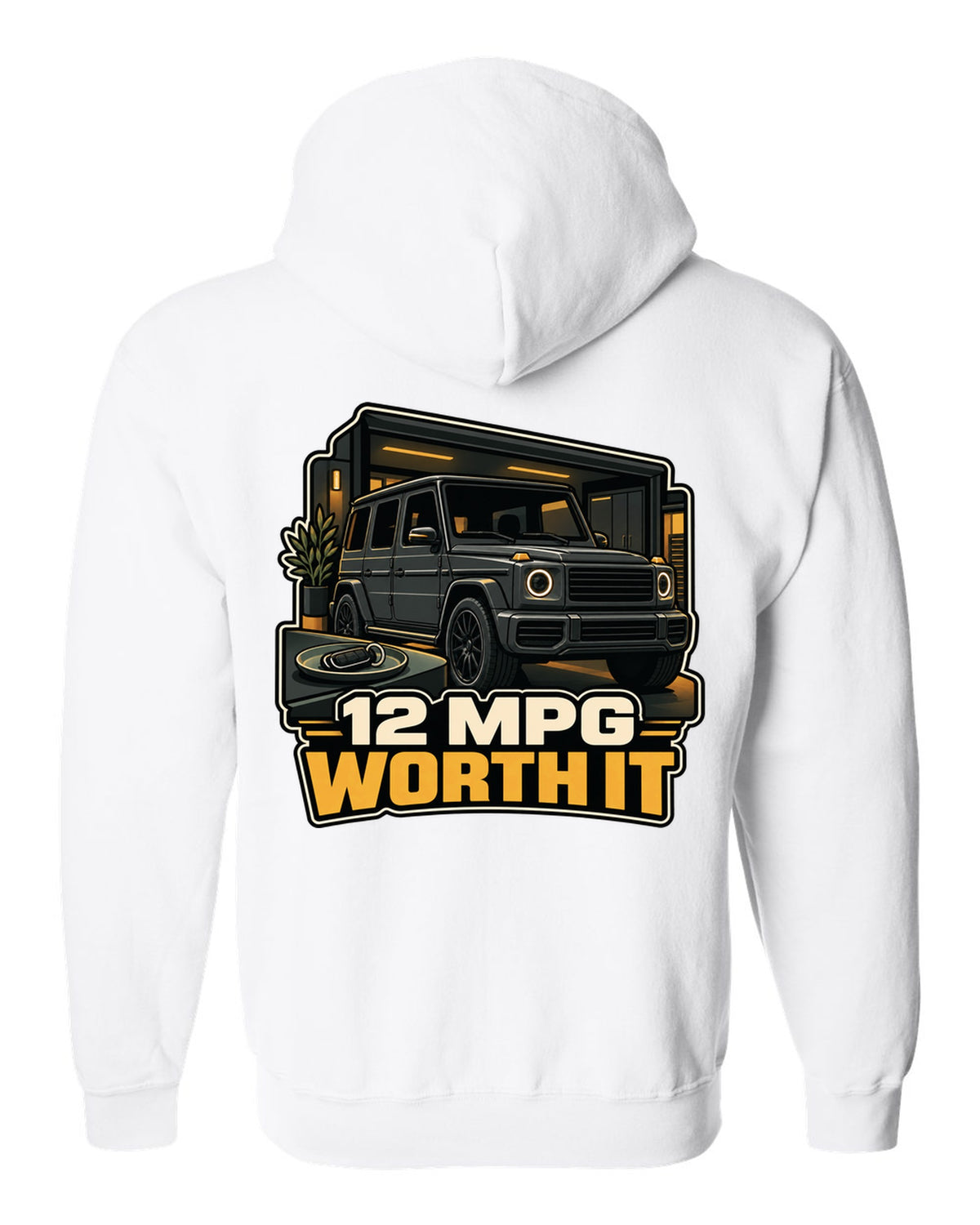 Army surplus stamp graphic reading Gelandewagen 1979 for the Mercedes G-Class W460, print white zip hoodie back view with the design