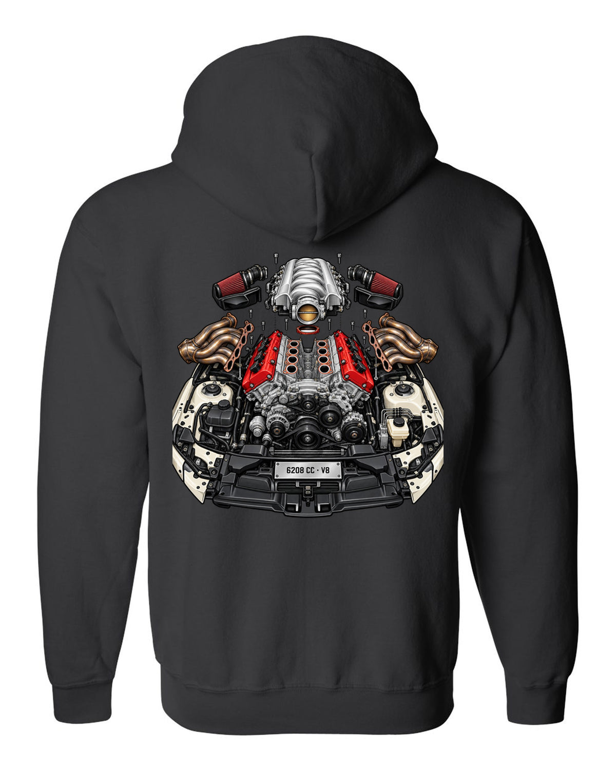 Exploded cutaway illustration of a Mercedes AMG M156 6.2 V8 engine black zip hoodie back view with the design