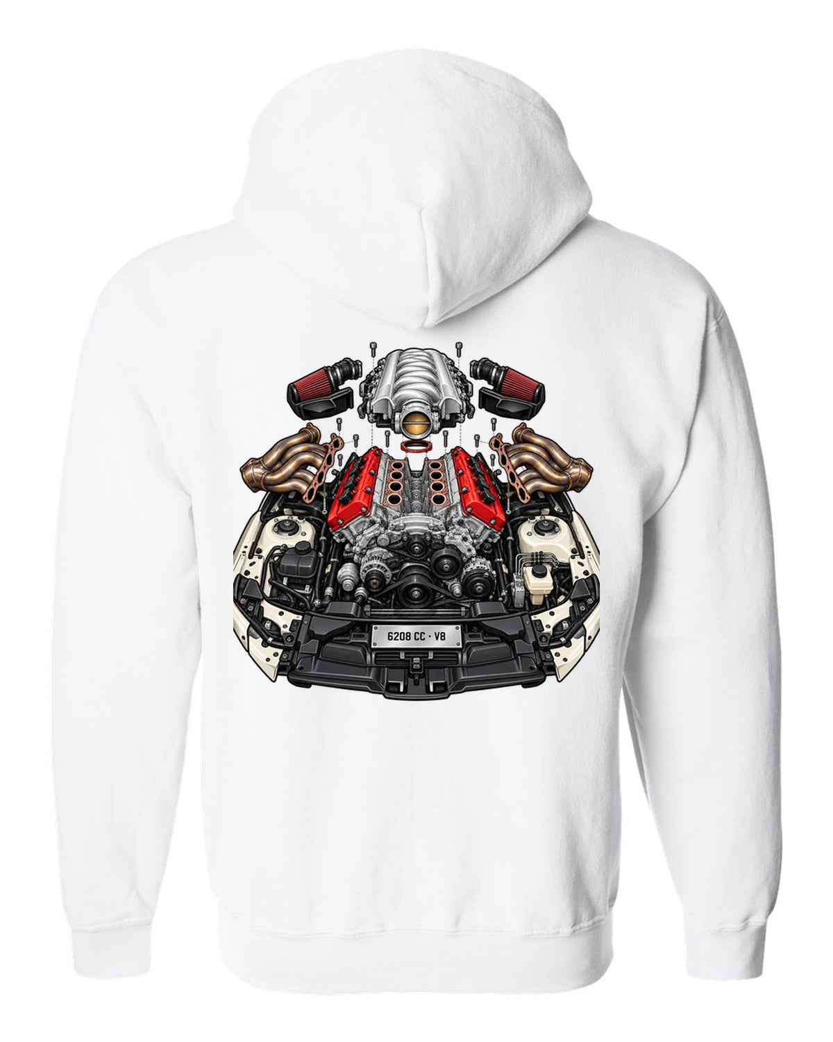 Exploded cutaway illustration of a Mercedes AMG M156 6.2 V8 engine white zip hoodie back view with the design