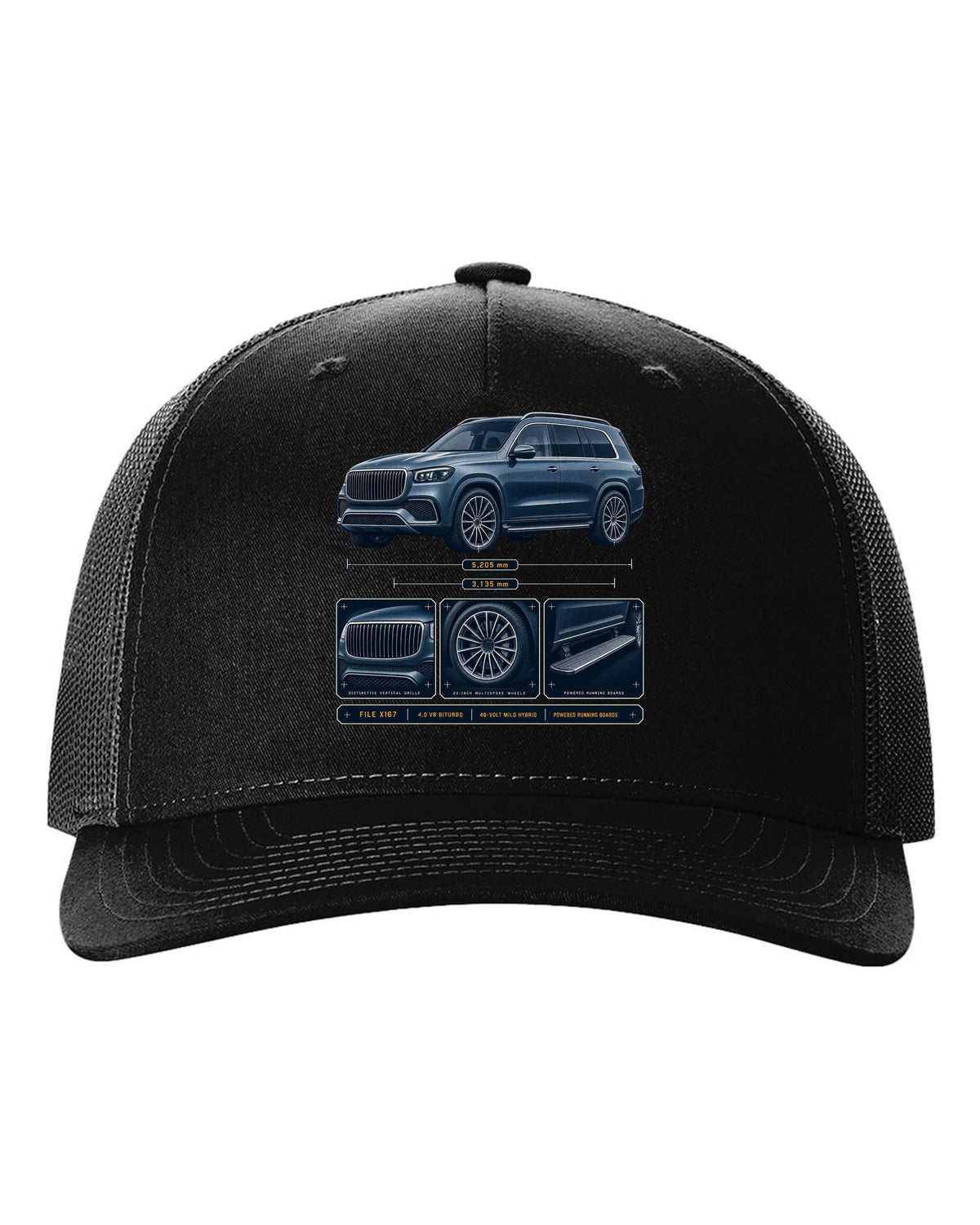 print dossier panels of a Mercedes-Maybach GLS 600 X167 in blue-grey black hat front view with the design