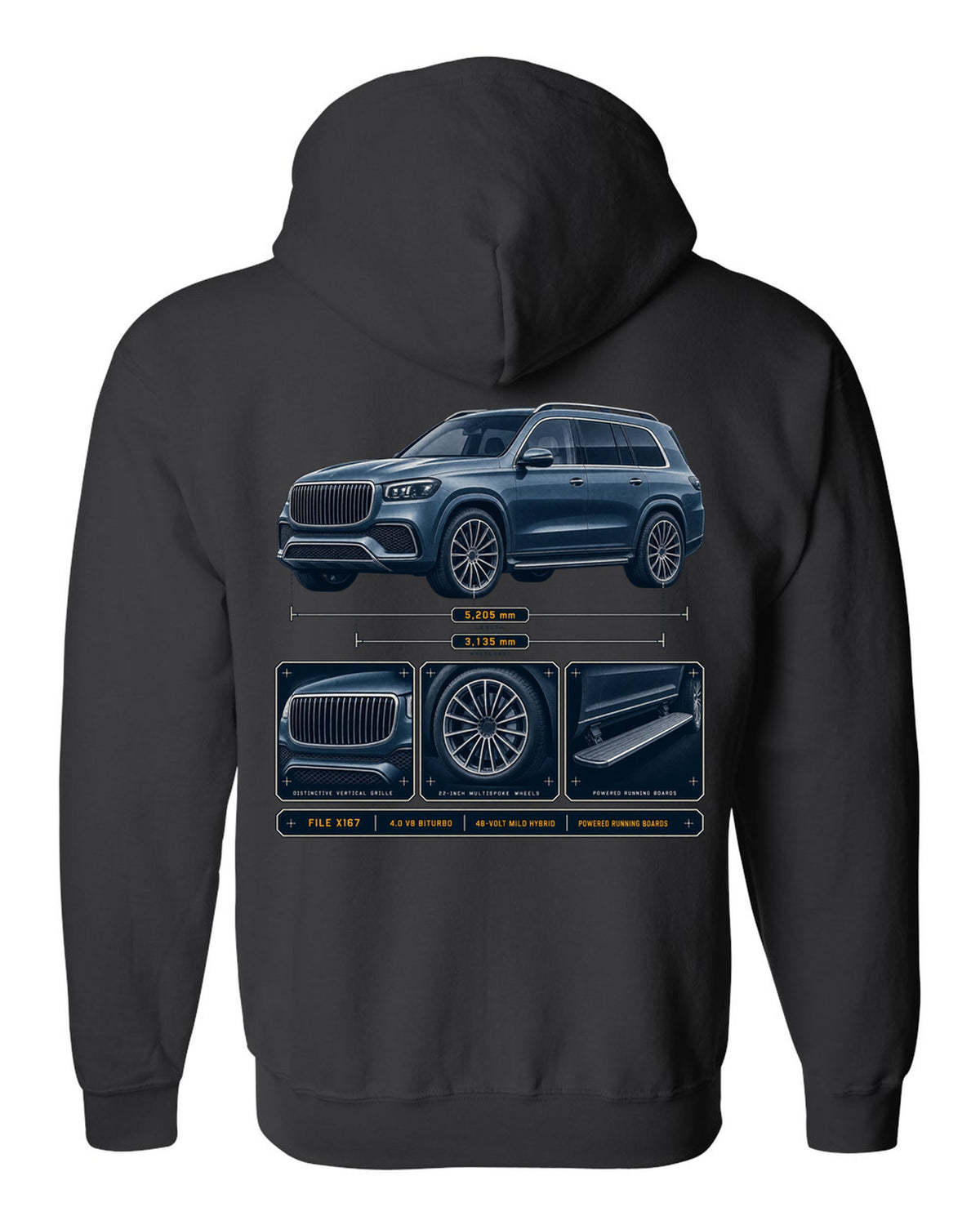 print dossier panels of a Mercedes-Maybach GLS 600 X167 in blue-grey black zip hoodie back view with the design