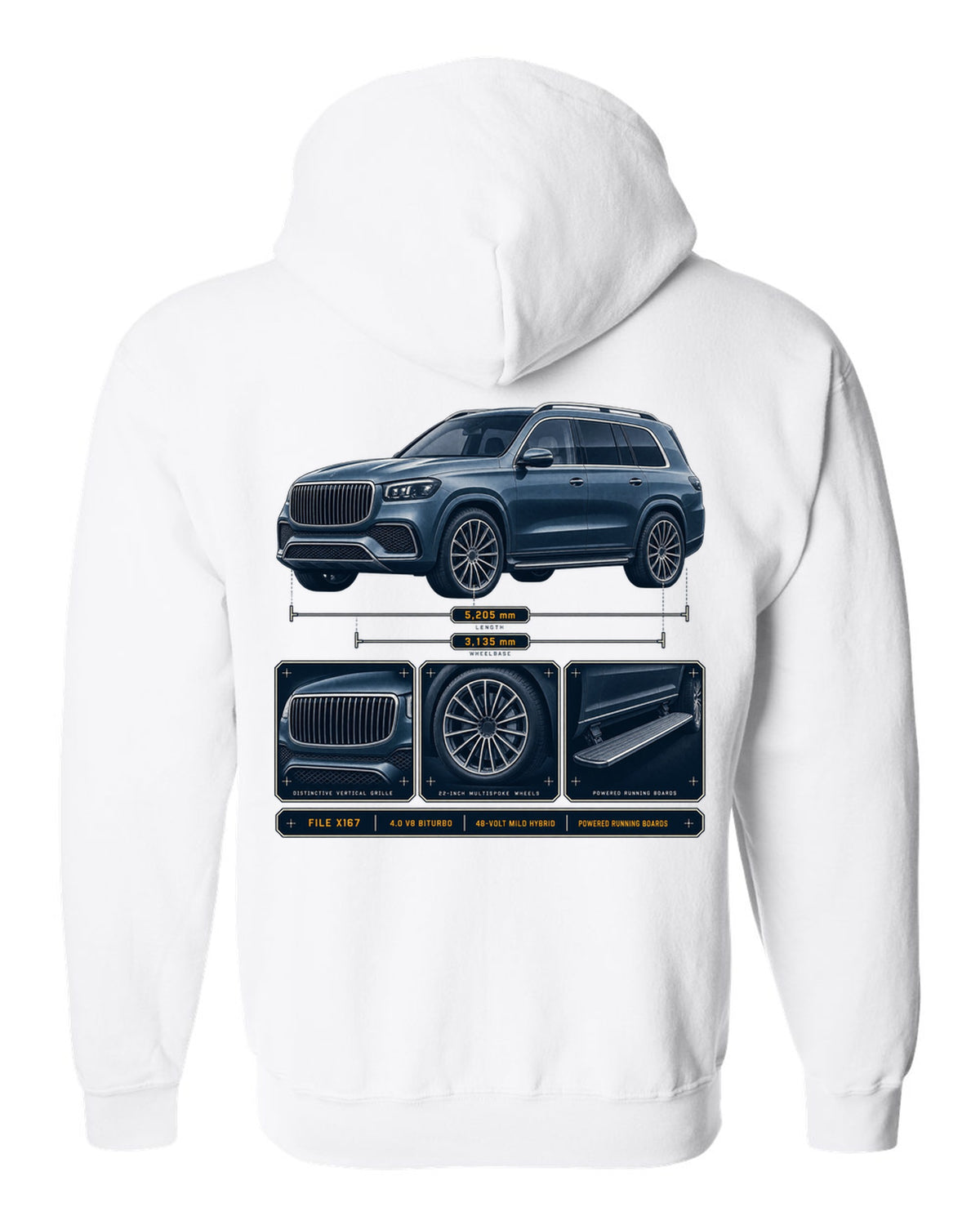 print dossier panels of a Mercedes-Maybach GLS 600 X167 in blue-grey white zip hoodie back view with the design