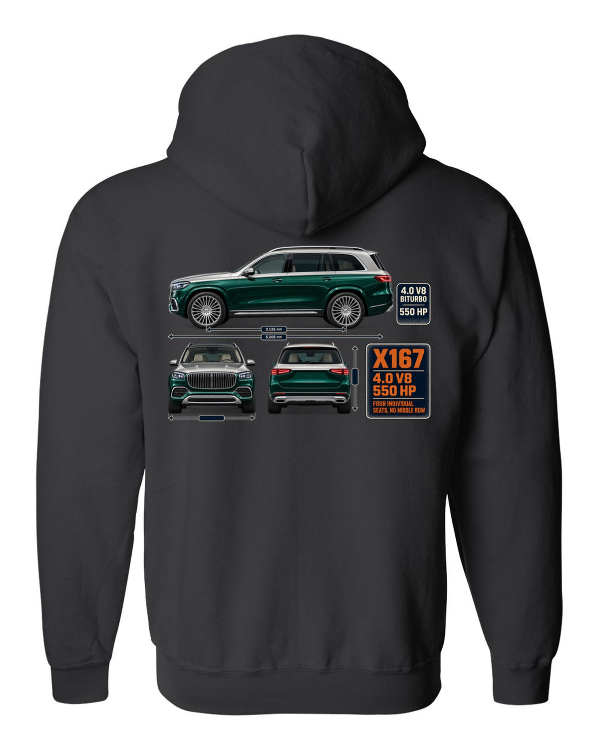 Mercedes-Maybach GLS 600 X167 three-view spec print in obsidian green and silver black zip hoodie back view with the design